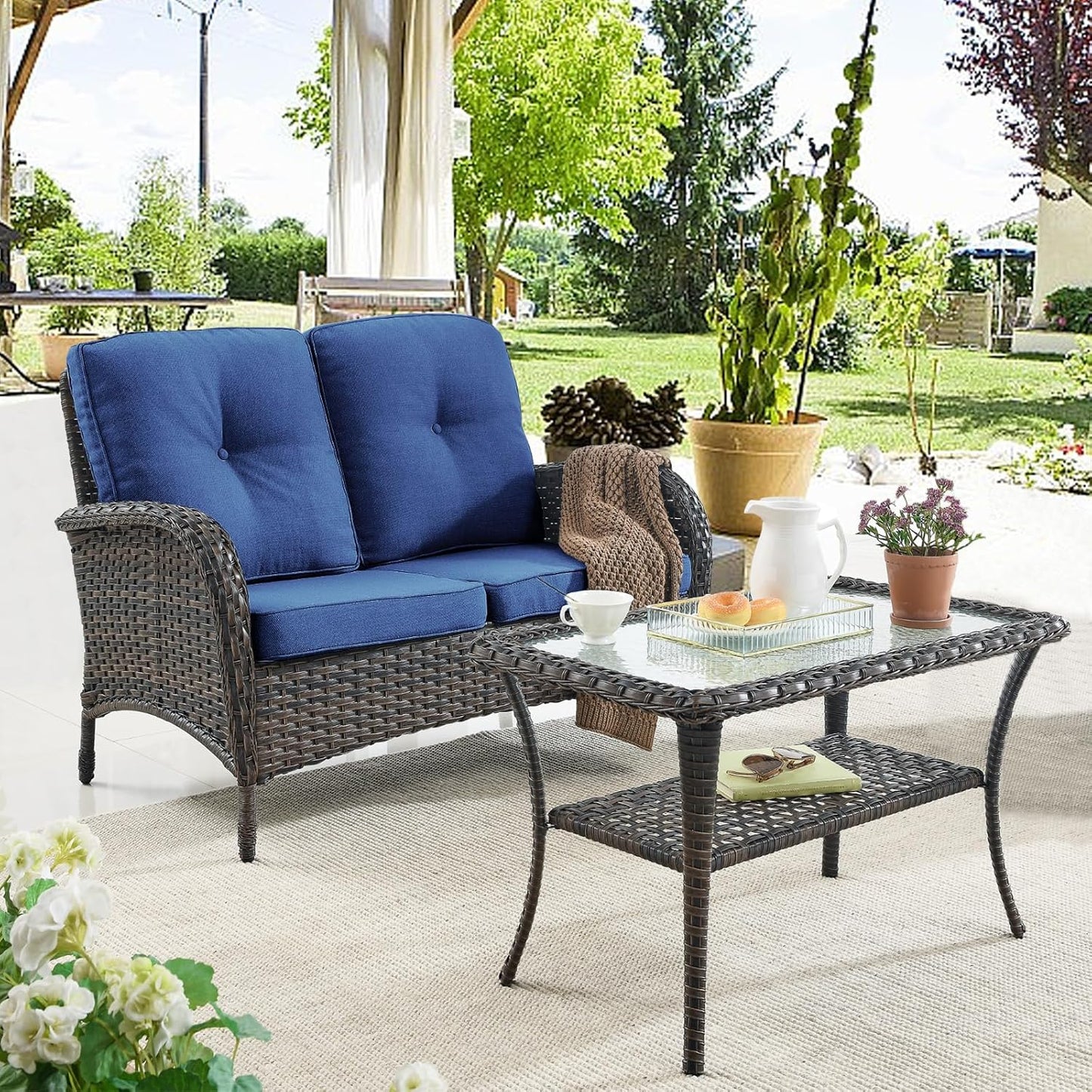 7 Piece Outdoor Patio Wicker Furniture Sets with Swivel Rocker Chairs, Rattan Loveseat Conversation Sets for Patio Deck Backyard Poolside, Blue Cushion