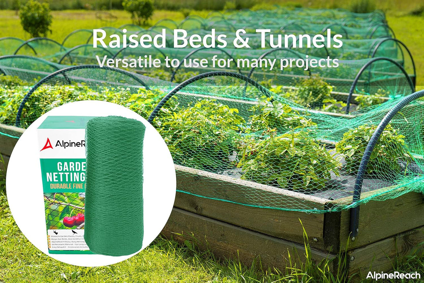 AlpineReach Garden Netting 7.5 x 65 ft Heavy Duty Bird Net, Deer, Plant Protection Extra Strong Woven Mesh, Reusable Kit with Zip Ties, Animal Fencing for Fruits Trees, Green