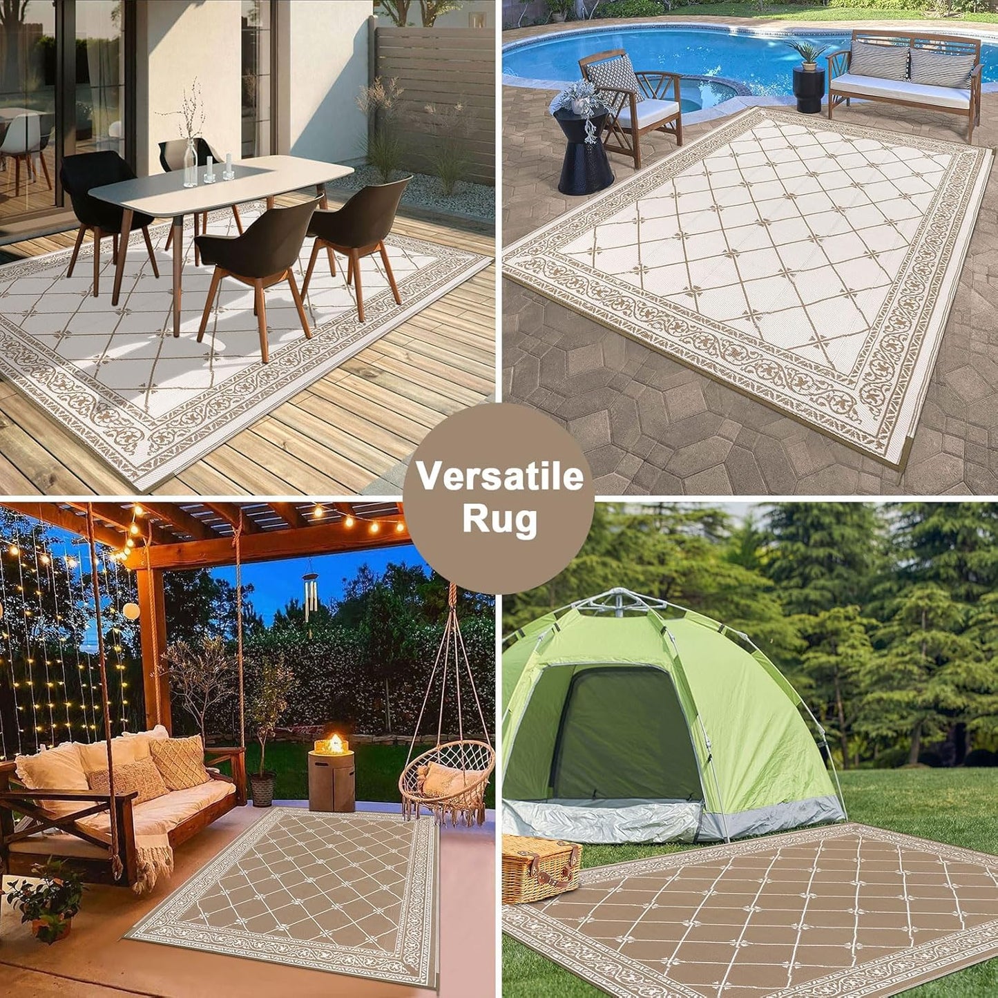 Outdoor Rug 8'x10' for Patios Waterproof Grey Patio Rugs Outdoor Mats for Front Porch,Beach Mat,Reversible Plastic Straw Camping Rugs for Outside RV,Deck,Balcony,Backyard