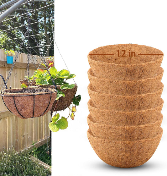 6 Pcs of 12-Inch Hanging Basket Coco Liners Replacement - Natural Round Coconut Fiber Planter Basket Liners for Hanging Basket Flowers