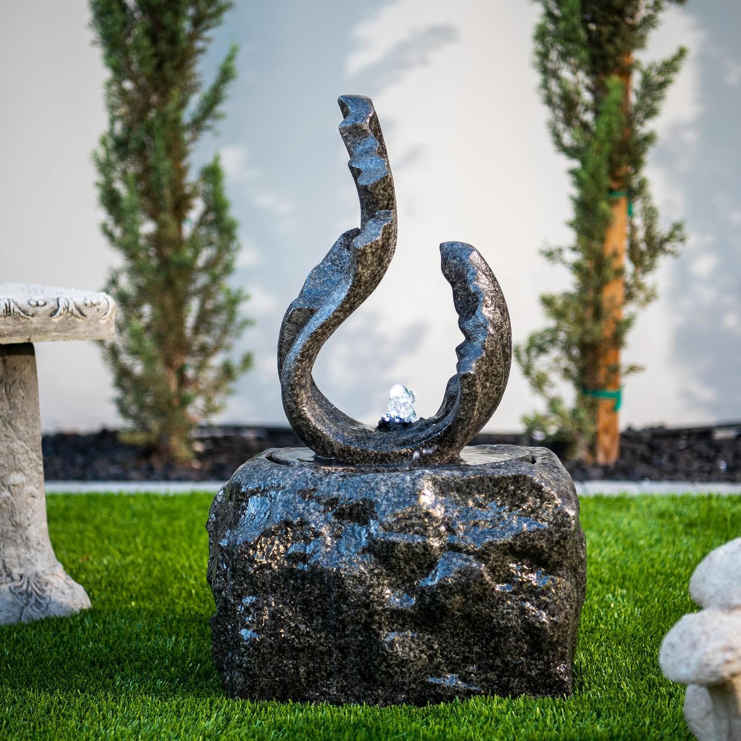 XBrand 25 in H Stone-Look Sculptural Modern Freestanding Fiber Resin Outdoor Garden Fountain w/LED Light, Black