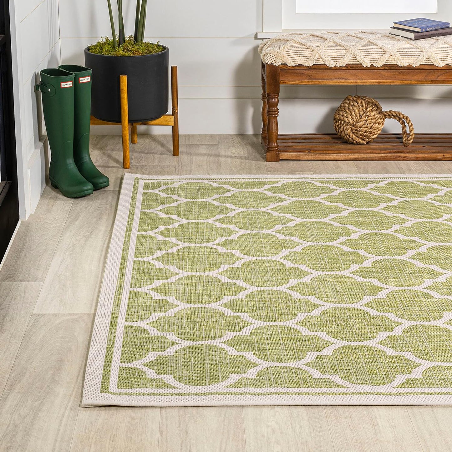 Eyely BMS109G-3 Santa Monica Trebol Moroccan Trellis Textured Weave Indoor/Outdoor Area Rug Coastal;Bohemian, Bedroom, Backyard, Patio, Easy-Cleaning, Non-Shedding, 3 X 5, Green/Cream