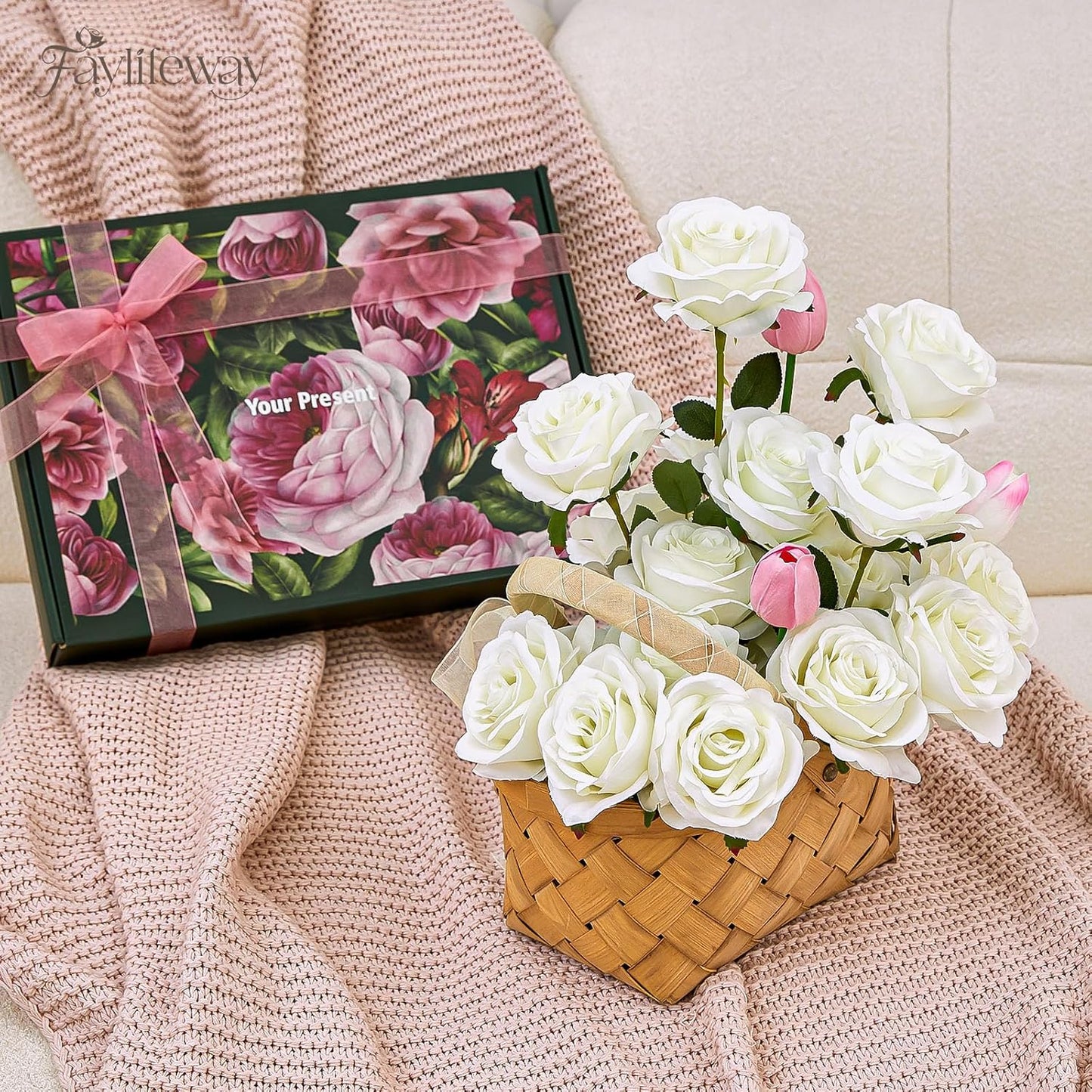 20PCS Artificial White Roses, 3.9'' Silk Flower Head Fake White Rose with Long Stems, Realistic Faux Roses Bouquet for DIY Wedding Home Party Office Decoration