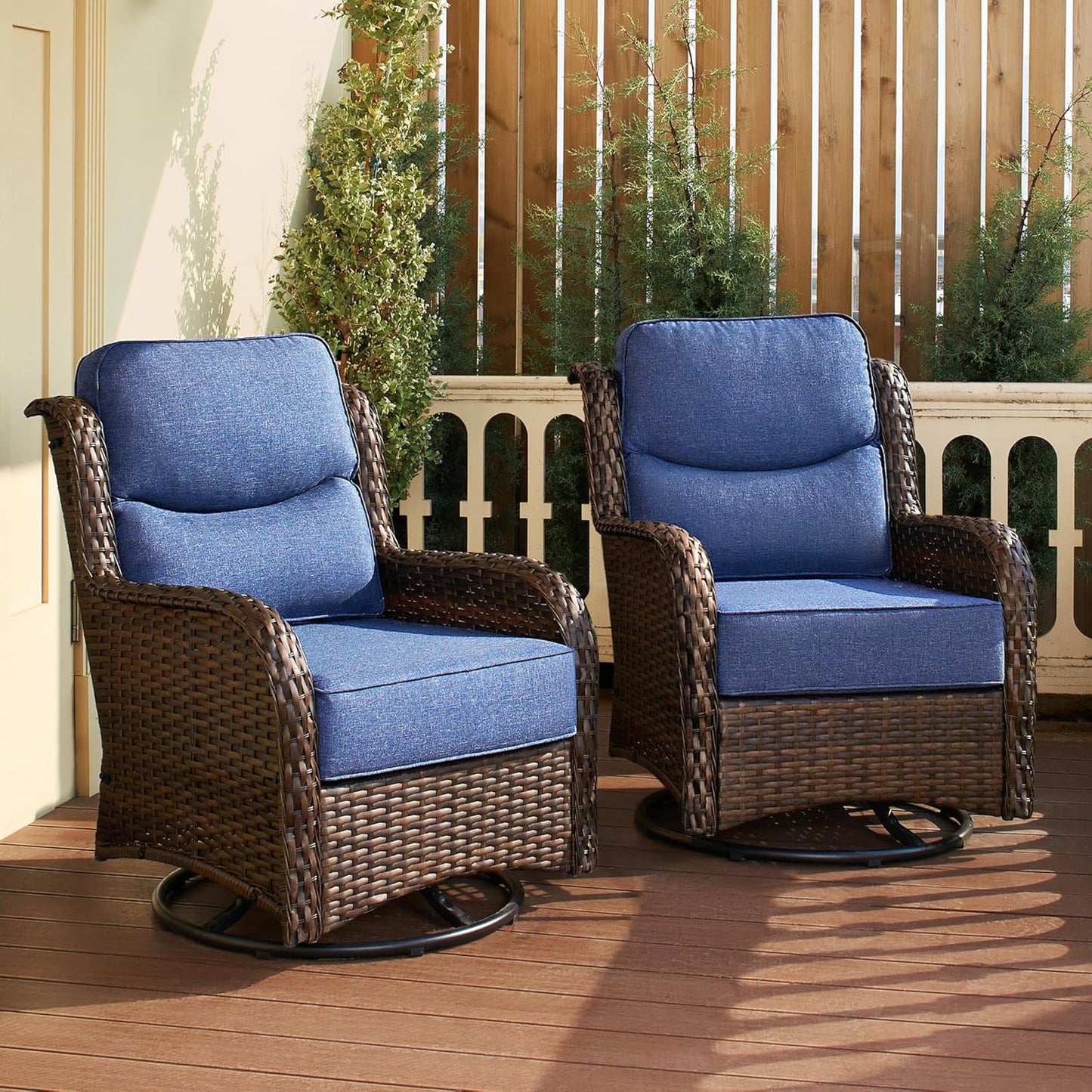 HILLGA Luxury Patio Furniture Set with 6-inch Thick Cushion, Outdoor High Back Swivel Rocker Patio Chairs, 2PCS Wicker Conversation Set for Deck Yard and Poolside, Blue (V2)