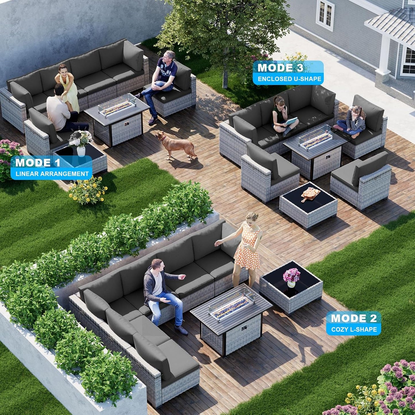 8-Piece Modern Patio Conversation Set with 55,000 BTU Fire Pit Table, Thick Cushions, Upgraded Rattan, Reinforced Frame