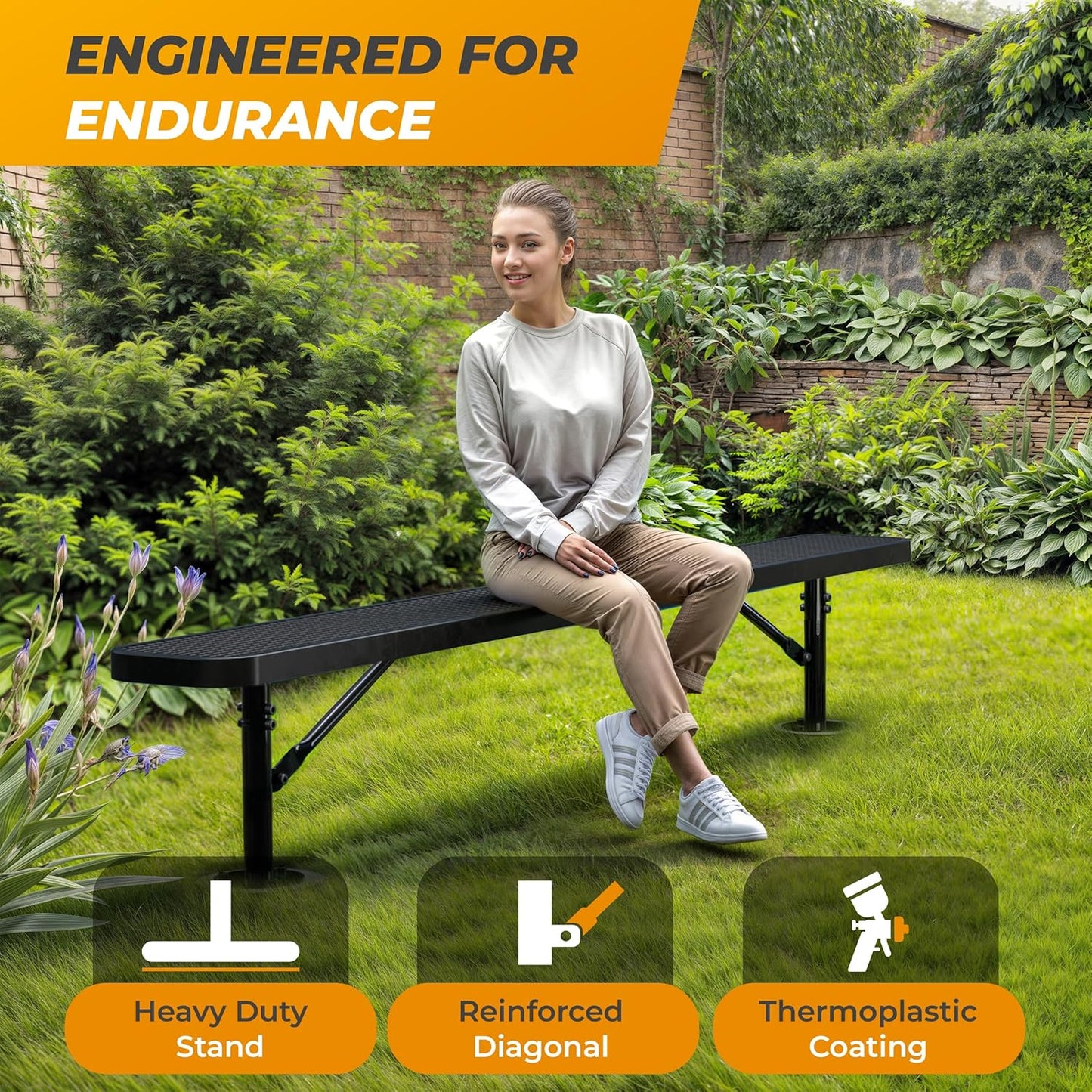 Heavy-Duty Outdoor Metal Bench, Thermoplastic-Coated, Surface, Weatherproof, Commercial-Grade for Parks, Gardens, Patios, Stores & More (8 Ft - Surface, Black)