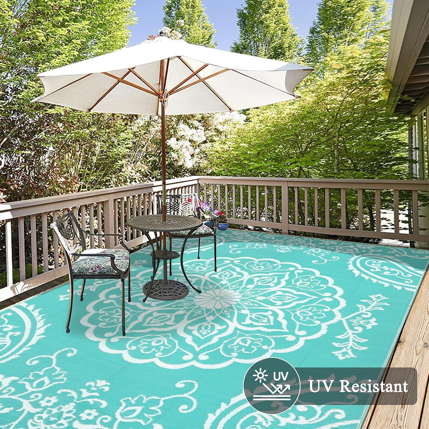 Pauwer Waterproof Outdoor Rug 6x9, Reversible Plastic Straw Patio Camping Rug, Indoor Outdoor RV Mat Carpet for Deck, Camper, Porch, Balcony, Backyard, Picnic, Boho Light Blue