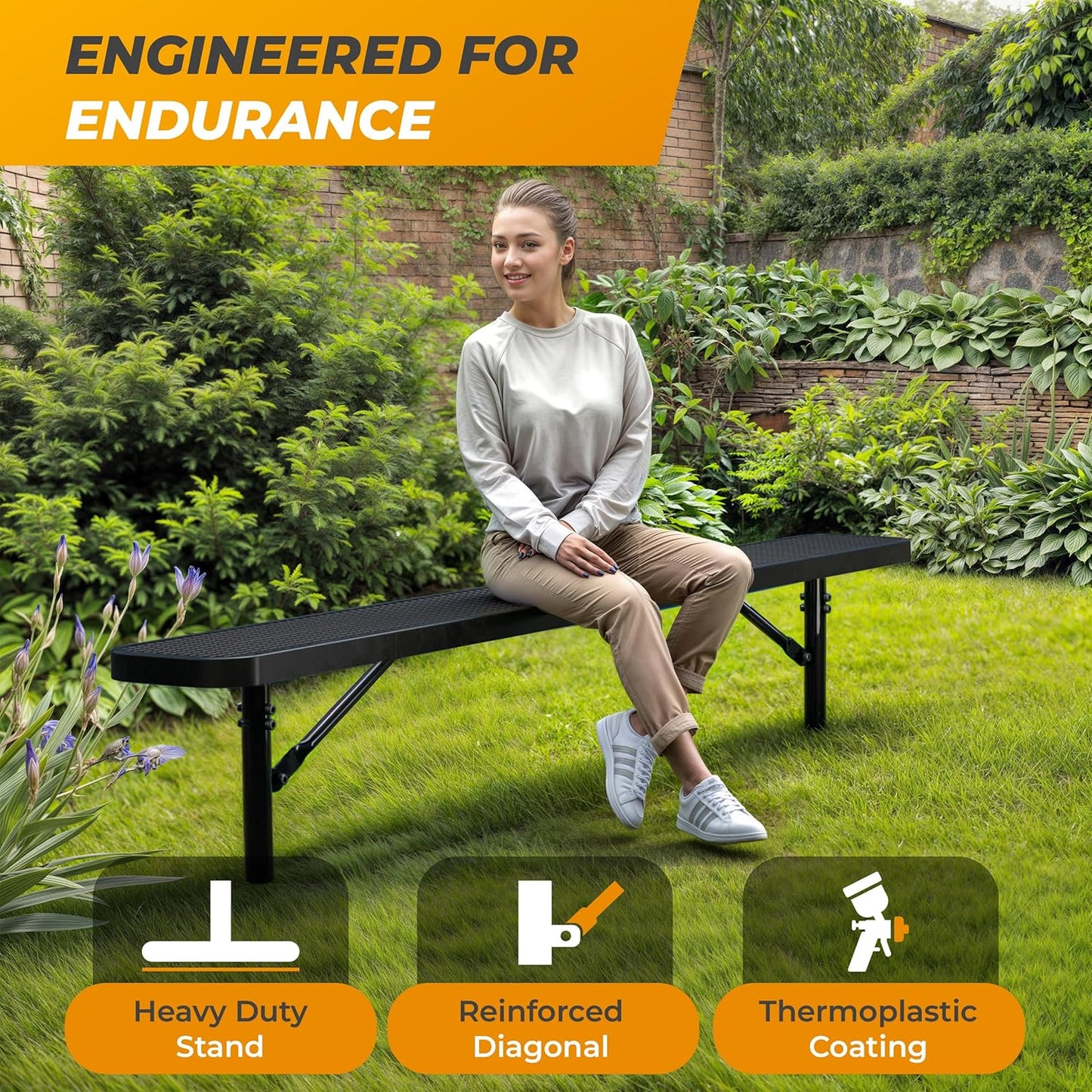 Heavy-Duty Outdoor Metal Bench, Thermoplastic-Coated, Inground, Weatherproof, Commercial-Grade for Parks, Gardens, Patios, Stores & More (8 Ft - Inground, Black)
