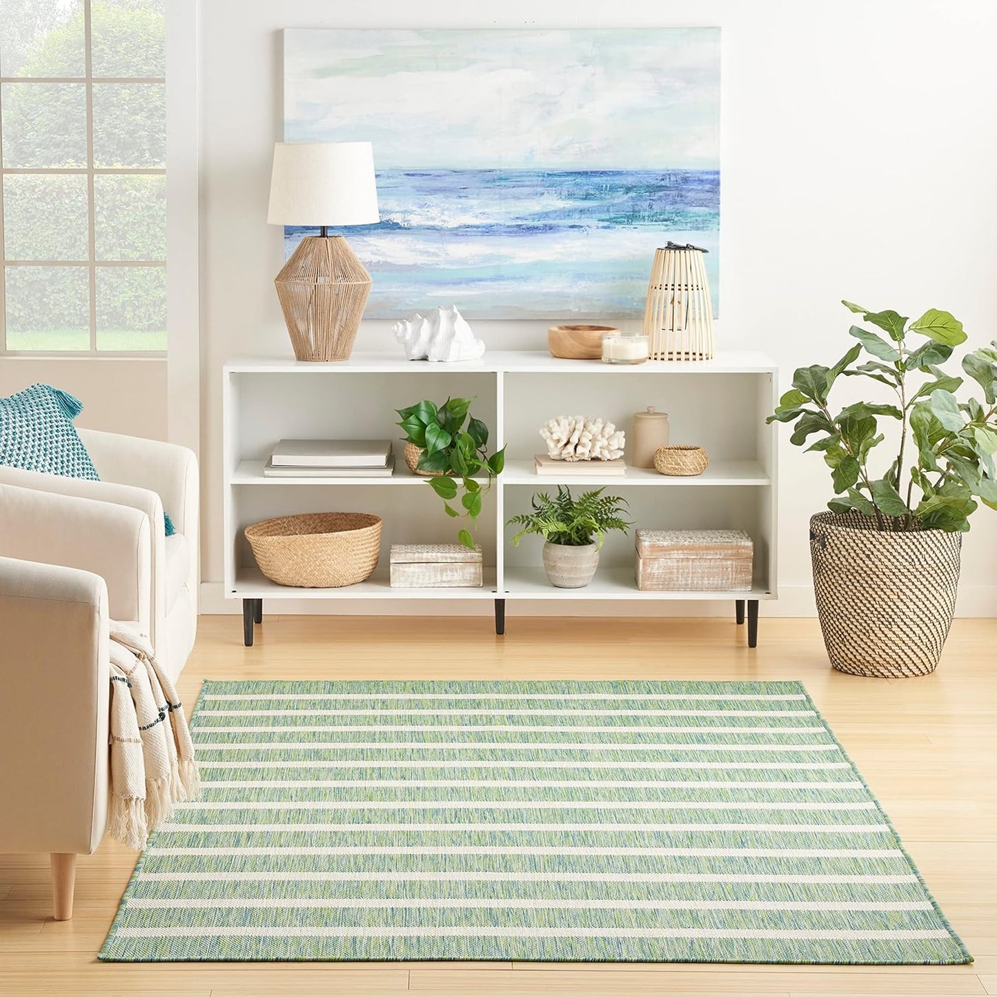 Nourison Home Positano Indoor/Outdoor Blue Green Ivory 6' x 9' Area Rug, Easy Cleaning, Non Shedding, Bed Room, Living Room, Dining Room, Deck, Backyard, Patio (6x9)
