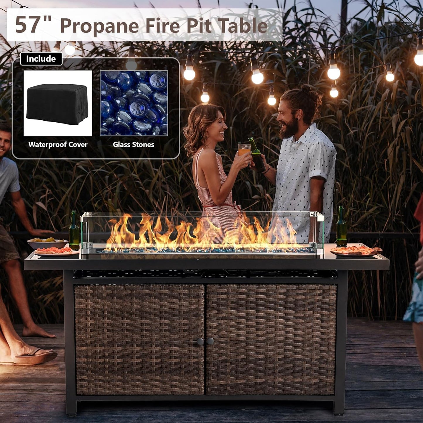 25-Pc Patio Furniture Set - 7 Piece Outdoor Rattan Sofa Set with 57" Fire Table and 17 Accessories, Modular Sofa Set for Garden/Poolside, Grey/Brown