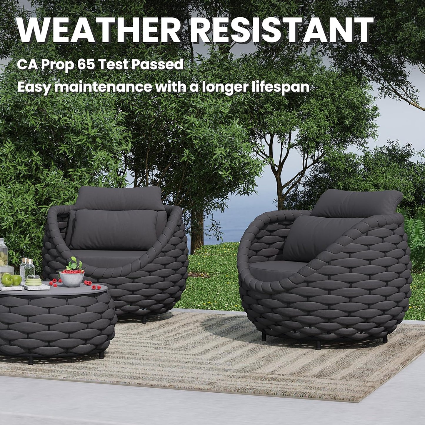 Deck Furniture Set: 3 Pieces Aluminum Woven Rope Patio Conversation Sofa Set for 2, Comfy Cushions Couch Armchair Table Set Assembled, 400lbs for Porch Balcony Pool Bistro Yard Hotel - Dark Gray