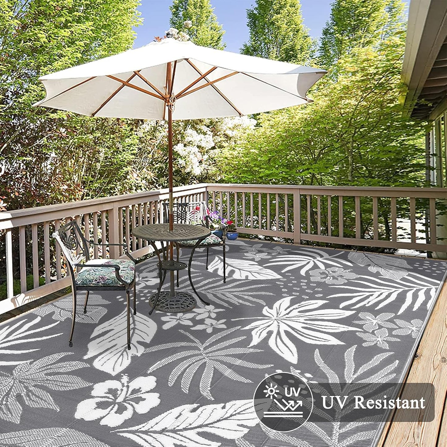 Pauwer Waterproof Outdoor Rug 9x12, Reversible Plastic Straw Patio Camping Rug, Indoor Outdoor RV Mat Carpet for Deck, Camper, Porch, Balcony, Backyard, Picnic, Floral Grey