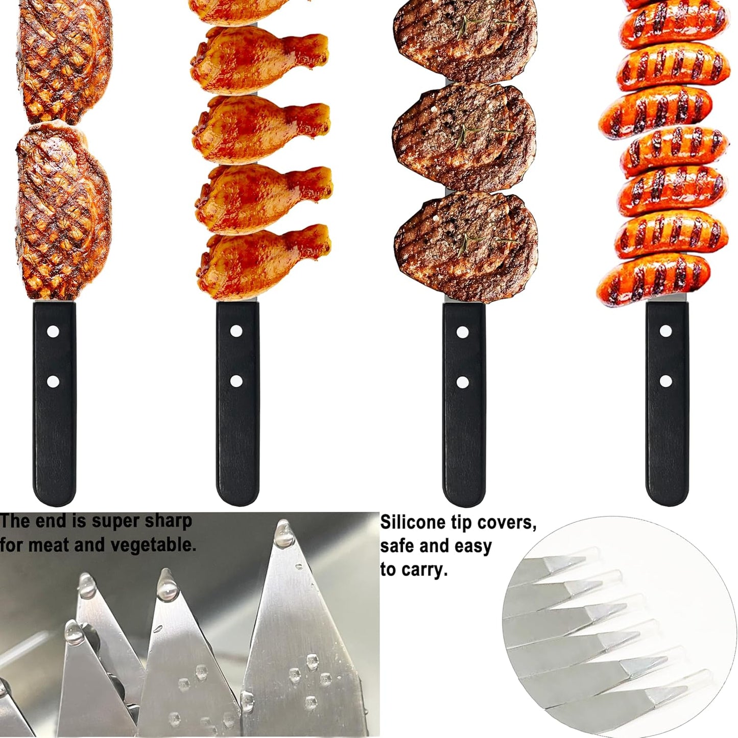 23.6 Inch Long Kabob Skewers, 0.91 Inch Wide, Stainless Steel with Black Wood Handle, 7 Pack