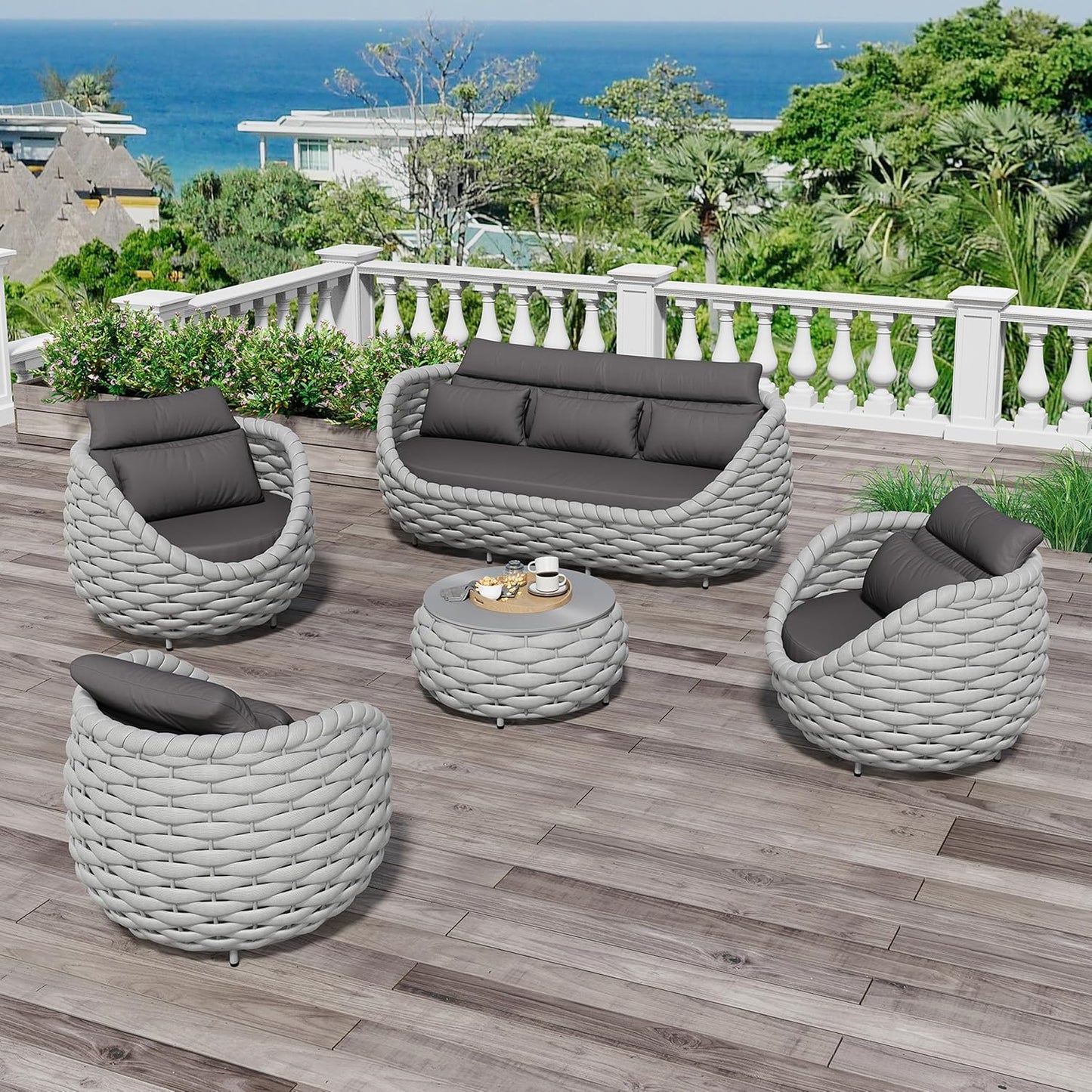 Aluminum Outdoor Patio Couch Set: 5 Pieces Woven Rope Porch Furniture Sofa Set Cushioned - Metal Modern Deck Conversation Set - All Weather Assembled Courtyard Seating for Backyard Pool Hotel