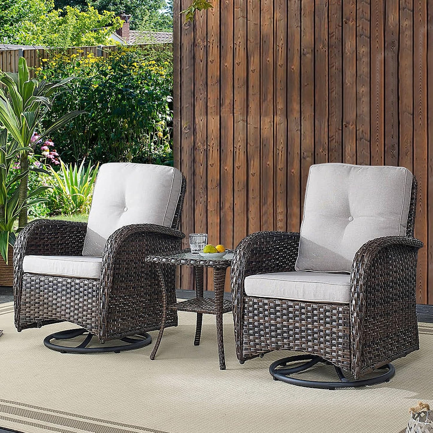 7 Piece Outdoor Patio Wicker Furniture Sets with Swivel Rocker Chairs, Rattan Loveseat Conversation Sets for Patio Deck Backyard Poolside, Beige Cushion