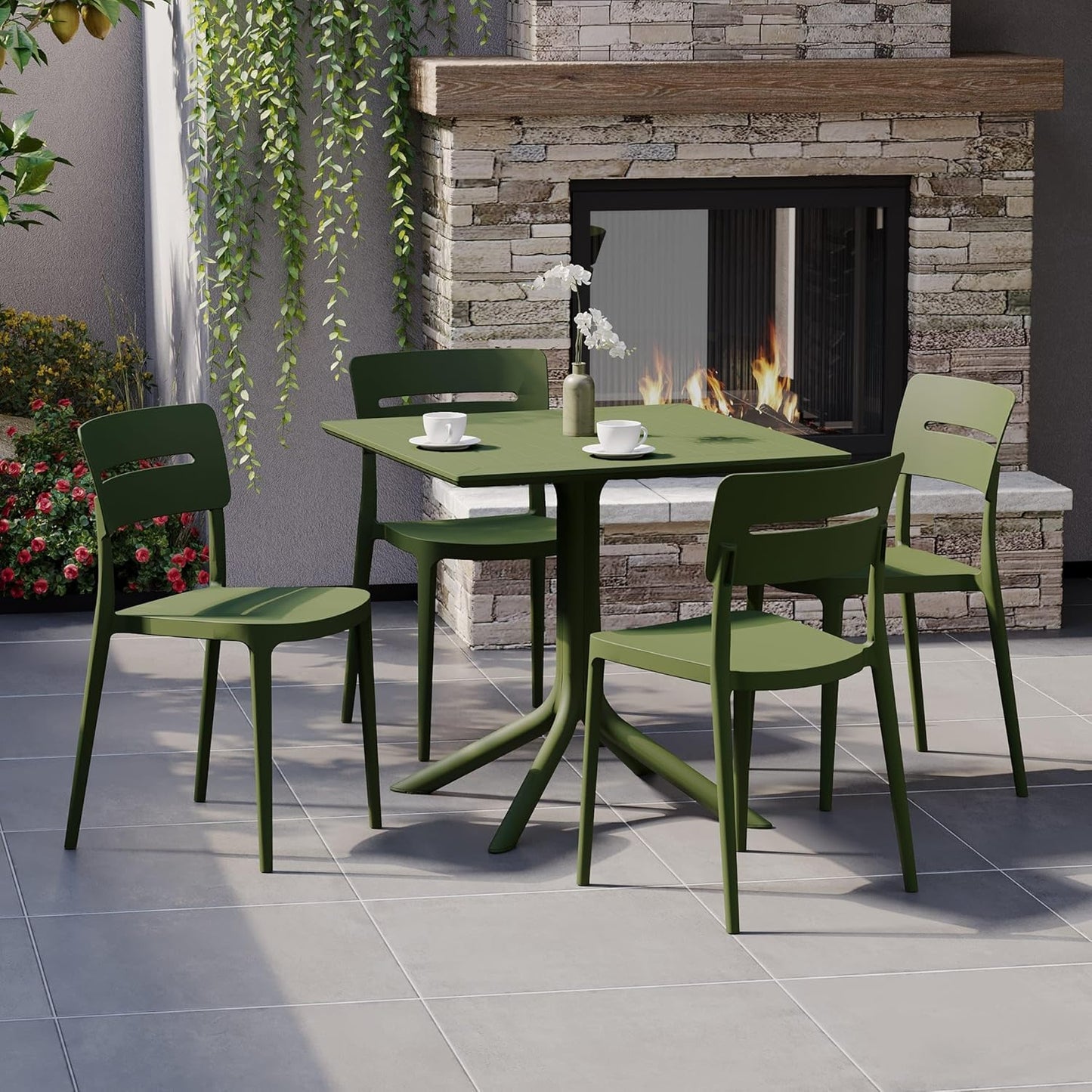 5-Piece Outdoor Dining Set, HDPE Patio Square Bistro Table and Stackable Chairs Sets for 4, Patio Furniture All Weather for Backyard Poolside, Olive Green