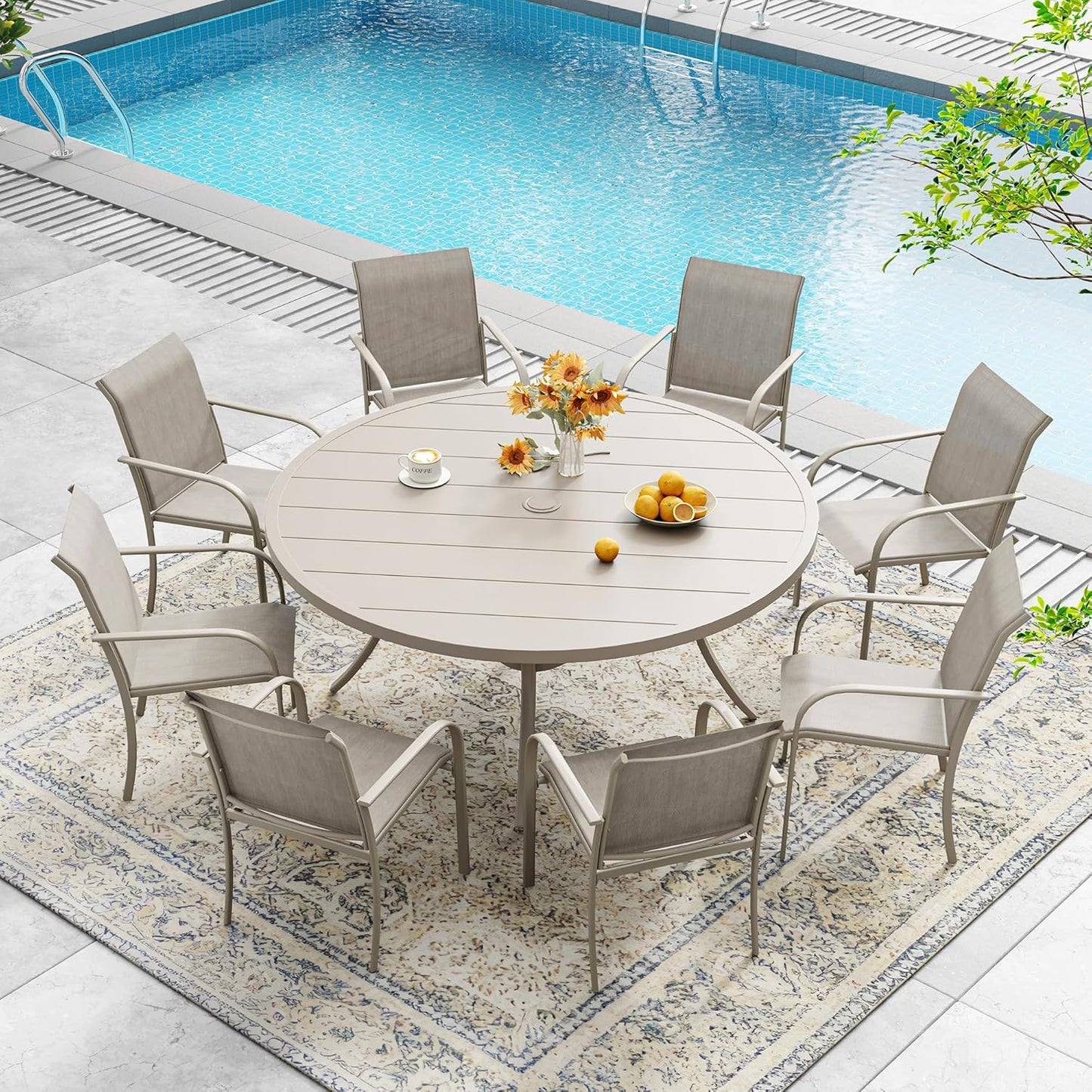 DIFY 53" Round Outdoor Patio Dining Table for 8, Metal Patio Table with 1.57" Adjustable Umbrella Hole, All-Weather Dining Furniture Table for Backyard Lawn Garden, Cream