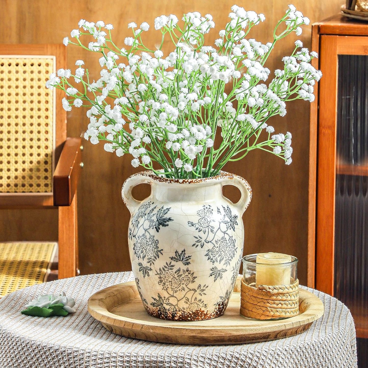 Enra Vintage vase with Handle,Blue and White Ceramic Decorative Flower vase, Chinoiserie Floral Vase,Large Rustic Vases for Home Decors, Living Room, Bookshelf, Office,7.8 in