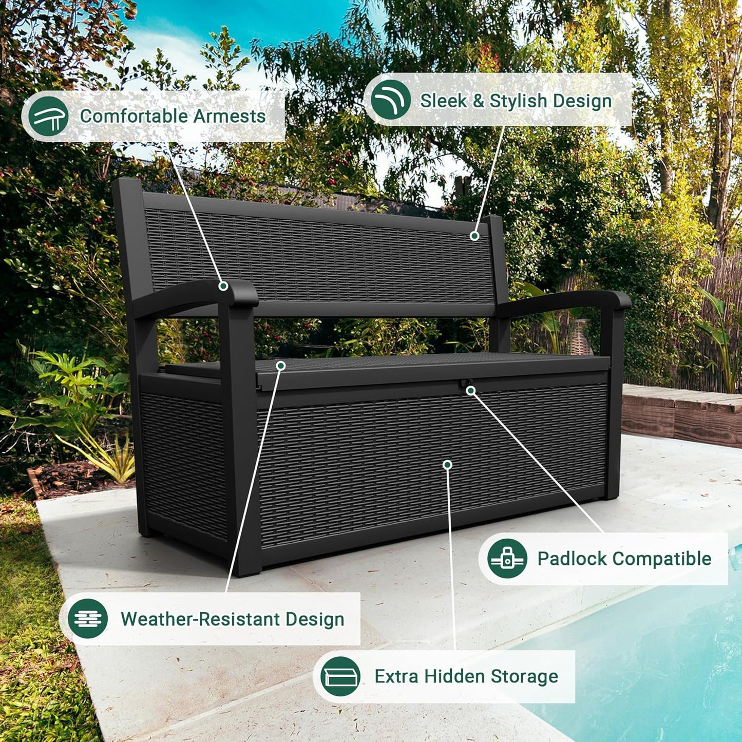 80 Gallon Outdoor Storage Box, Resin Patio Furniture with Armrest, Lockable Deck Box with Waterproof and UV Resistant for Patio Cushions, Garden Tools and Pool Supplies, Black