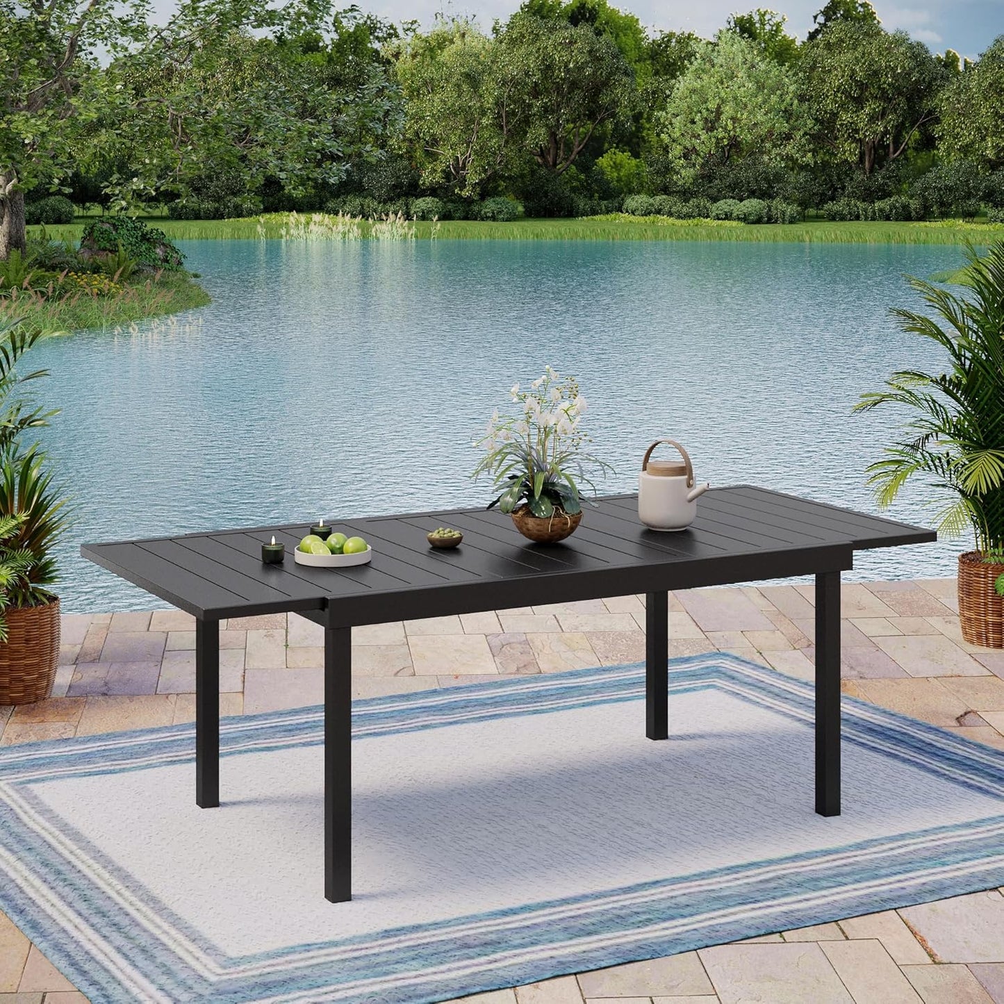 Expandable Outdoor Patio Dining Table, Adjustable 61"/83" x 37" Rectangular Large Surface 6-8 Person Metal Table for Garden, Backyard and Porch