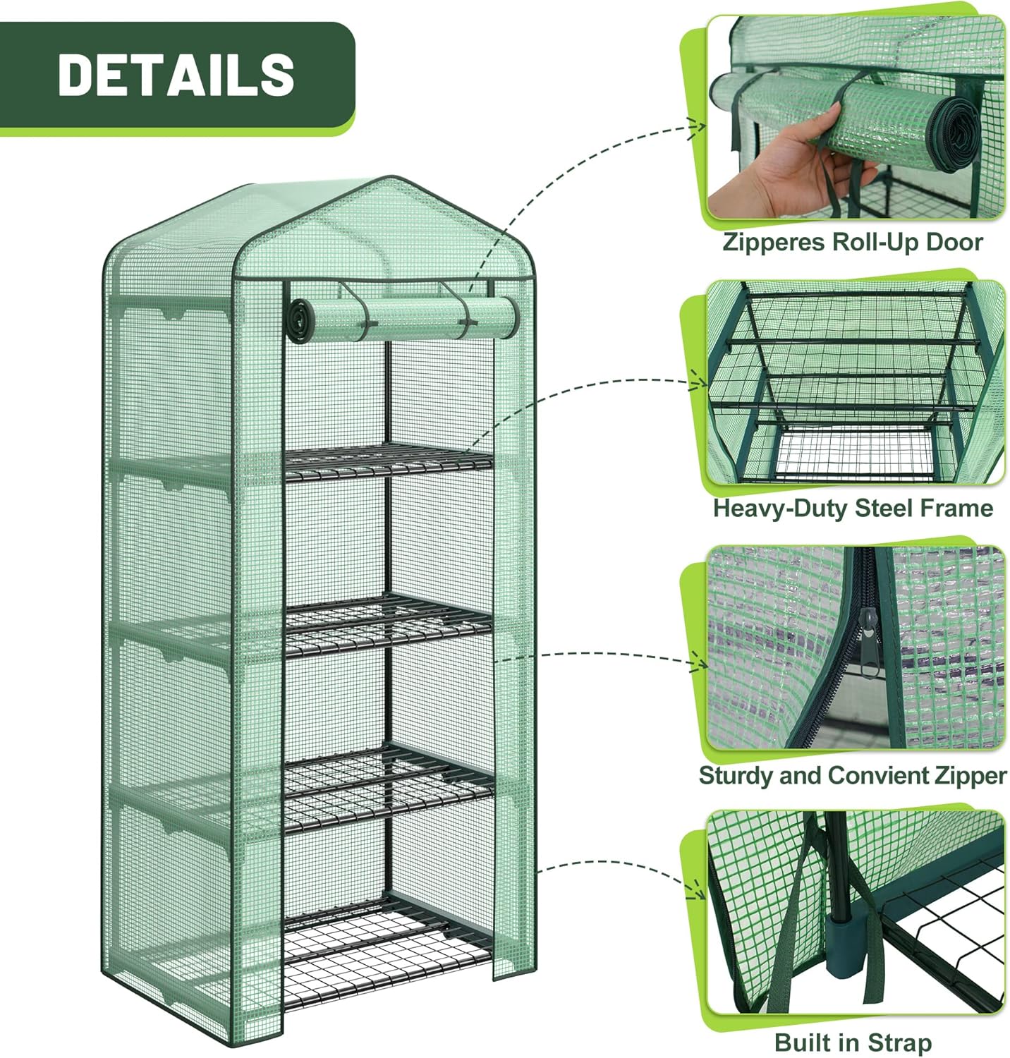 4 Tier Mini Greenhouse Indoor Outdoor with PE Cover and Roll-Up Zipper Door, Portable Waterproof Cloth Greenhouse Tent Grow Seeds & Seedlings, 2.3x1.5x5.3 FT
