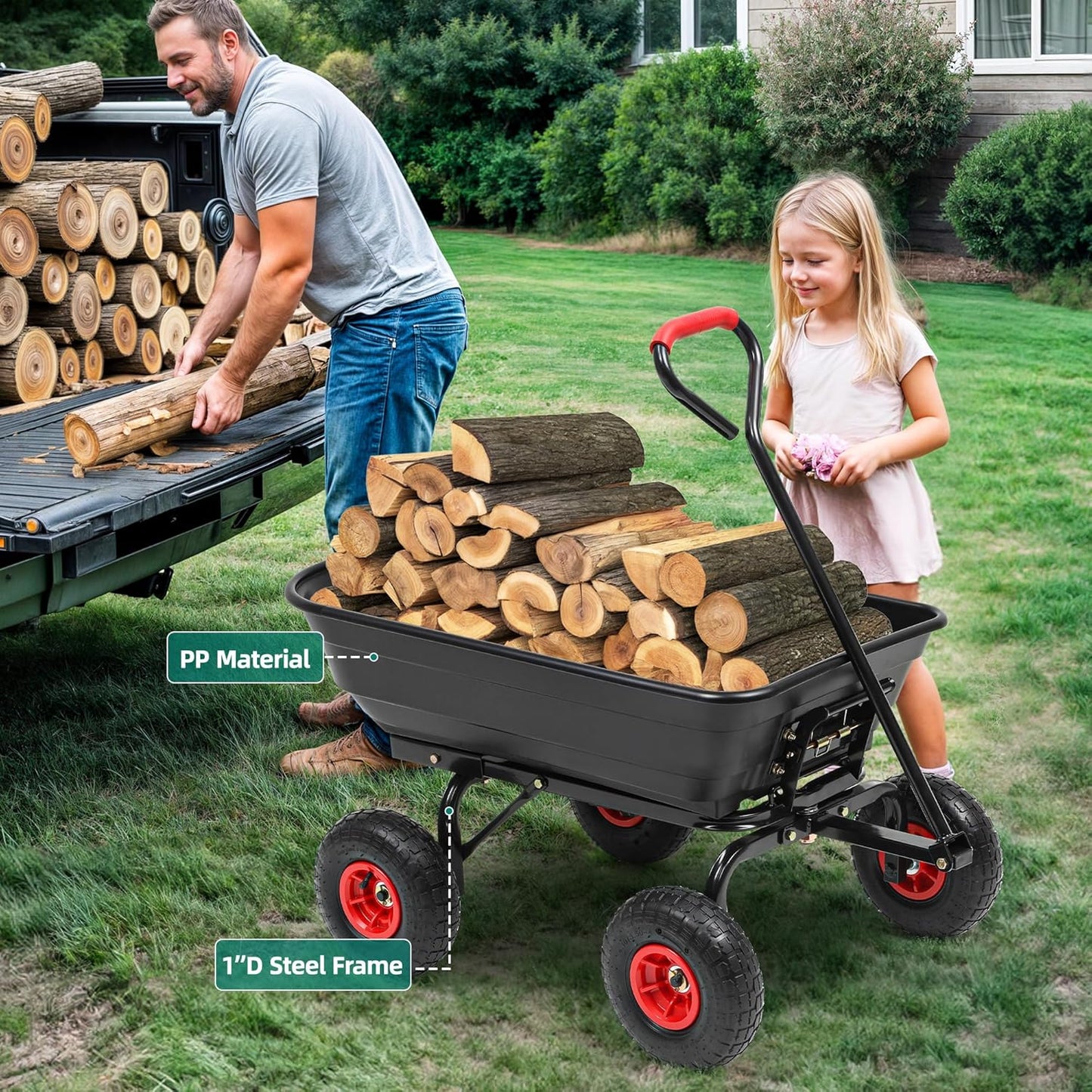 600lbs Garden Dump Cart, 4 Cu.Ft Heavy Duty Wagon Cart with 10" All Terrain Wheels, Steel Frame & Quick Release, Utility Wagon Carts for Yard, Farm and Garden(Black)