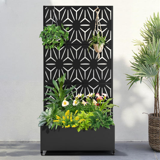 FENCY Metal Raised Garden Bed with Wheels and Trellis,73"x35"x16" Planter Box for Climbing Plants, Vegetables & Vines, Features Privacy Screen and Drainage Holes (Black-Star)