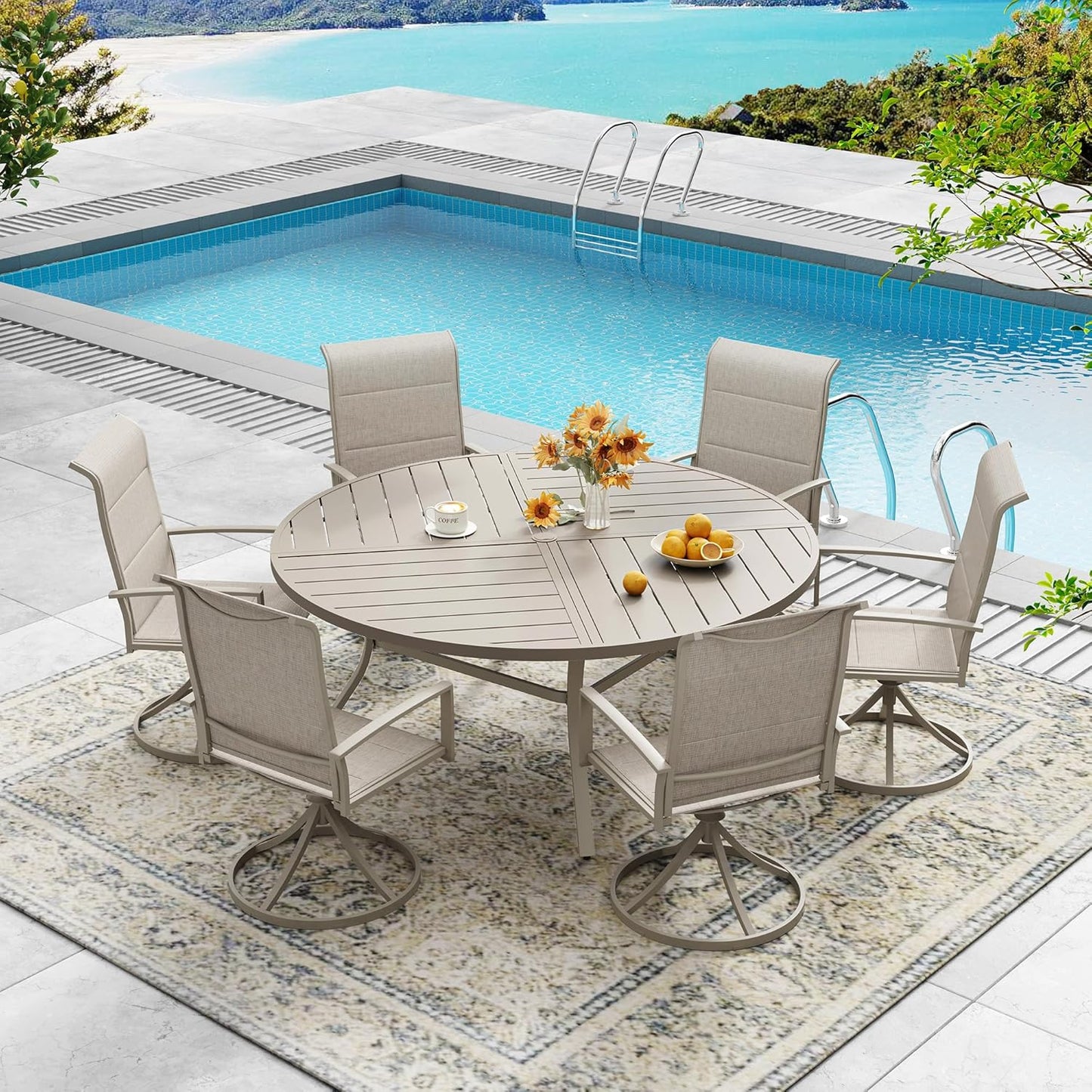 DIFY 53.1" Round Outdoor Patio Dining Table for 6-8, All-Weather Metal Steel Slatted Patio Table with 1.57" Adjustable Umbrella Hole, for Lawn Garden Porch Backyard, Sandshell