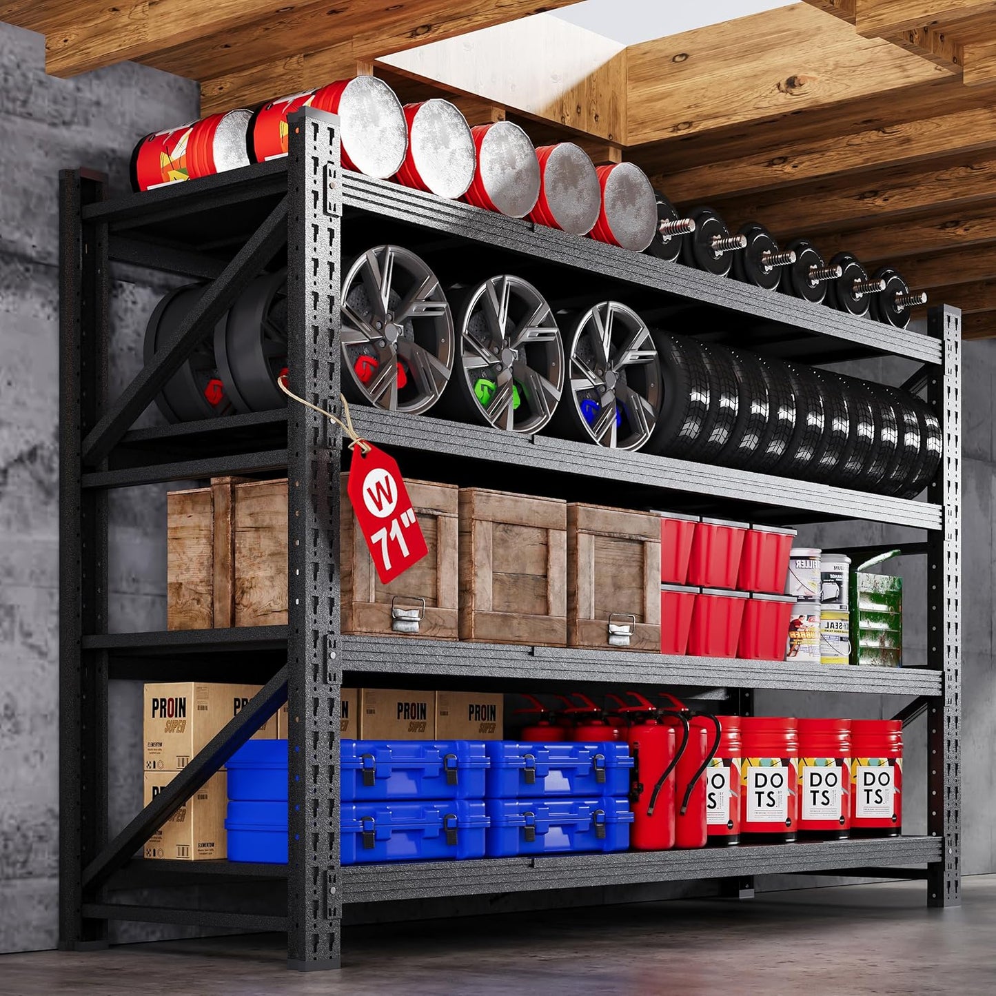 71” W Storage Shelves Heavy Duty, 5000LBS Metal Garage Shelving Units, 4 Tier Storage rack shelf, Steel Industrial Shelving , Adjustable Standing Shelf for Basement/Warehouse 71"W x 24"D x 70"H, Black