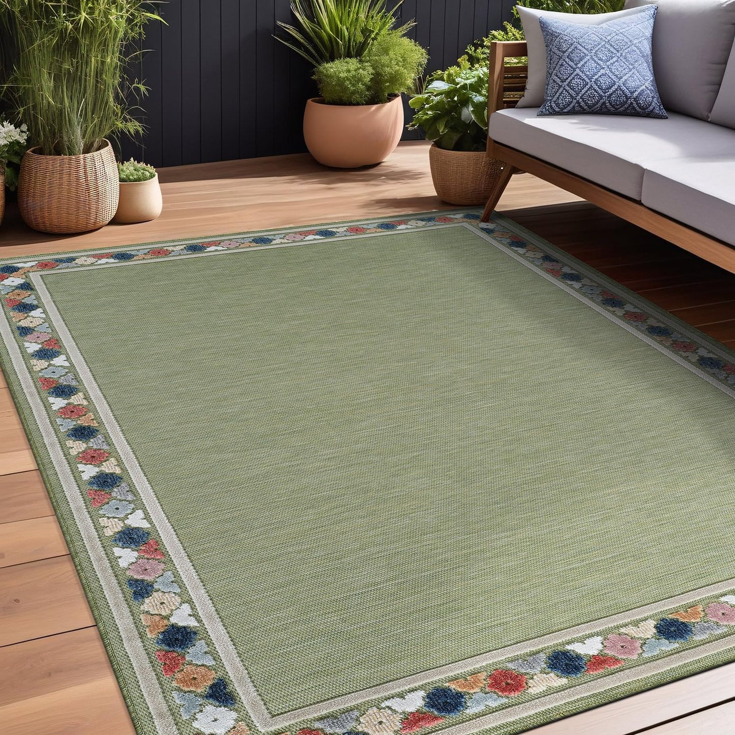 Beverly Rug Outdoor Rug 10x14 Modern Bordered Large Area Rugs for Indoor and Outdoor Patio Easy to Clean Non Shedding Living Room Porch Garden Washable Outside Carpet (10 x 14 Green)