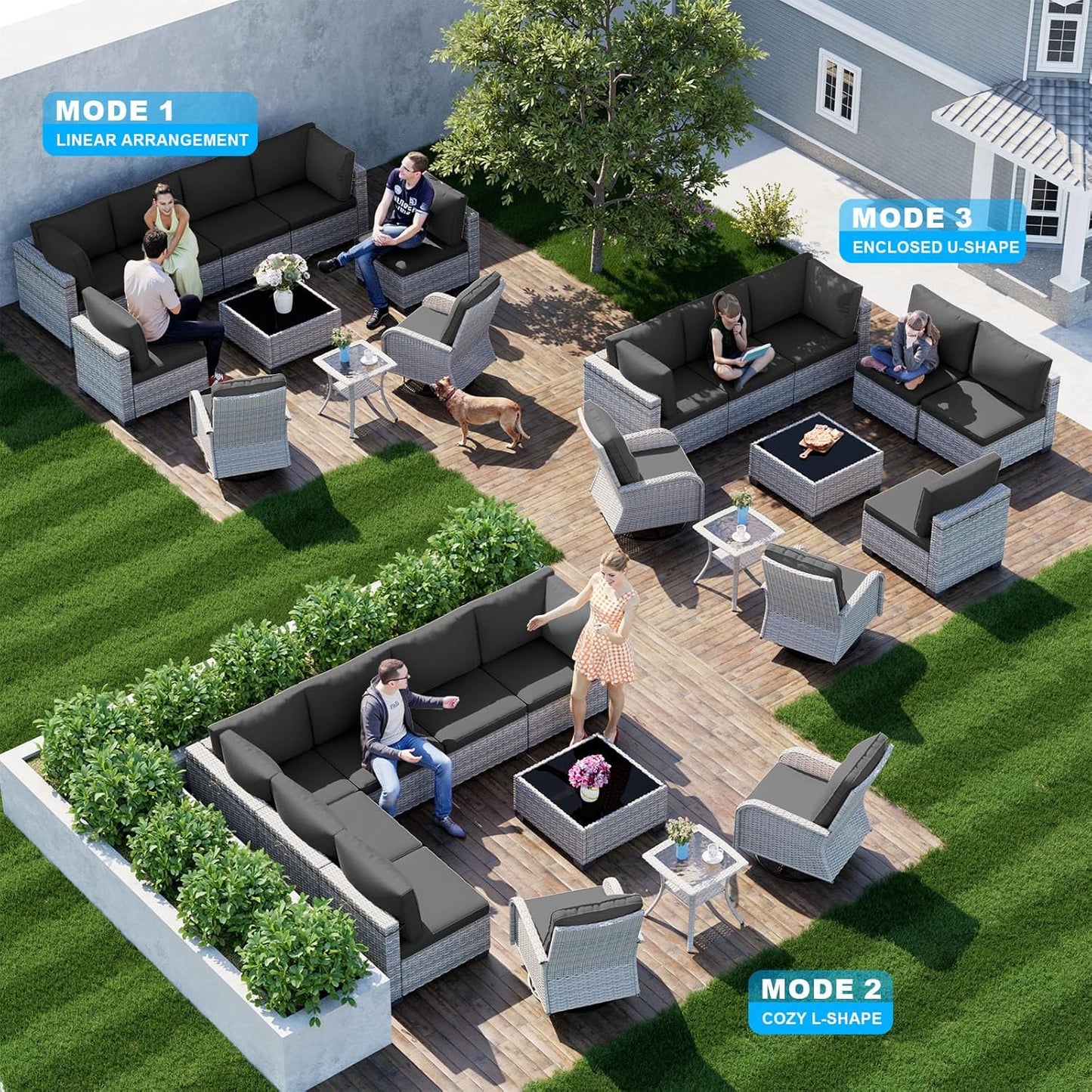 10-Piece Patio Furniture Set, Outdoor Patio Furniture with Swivel Chairs Set, Thick Cushions, Modular Patio Sofa, Dual-Strand Wicker Rattan, Rust-Resistant Frame, Black