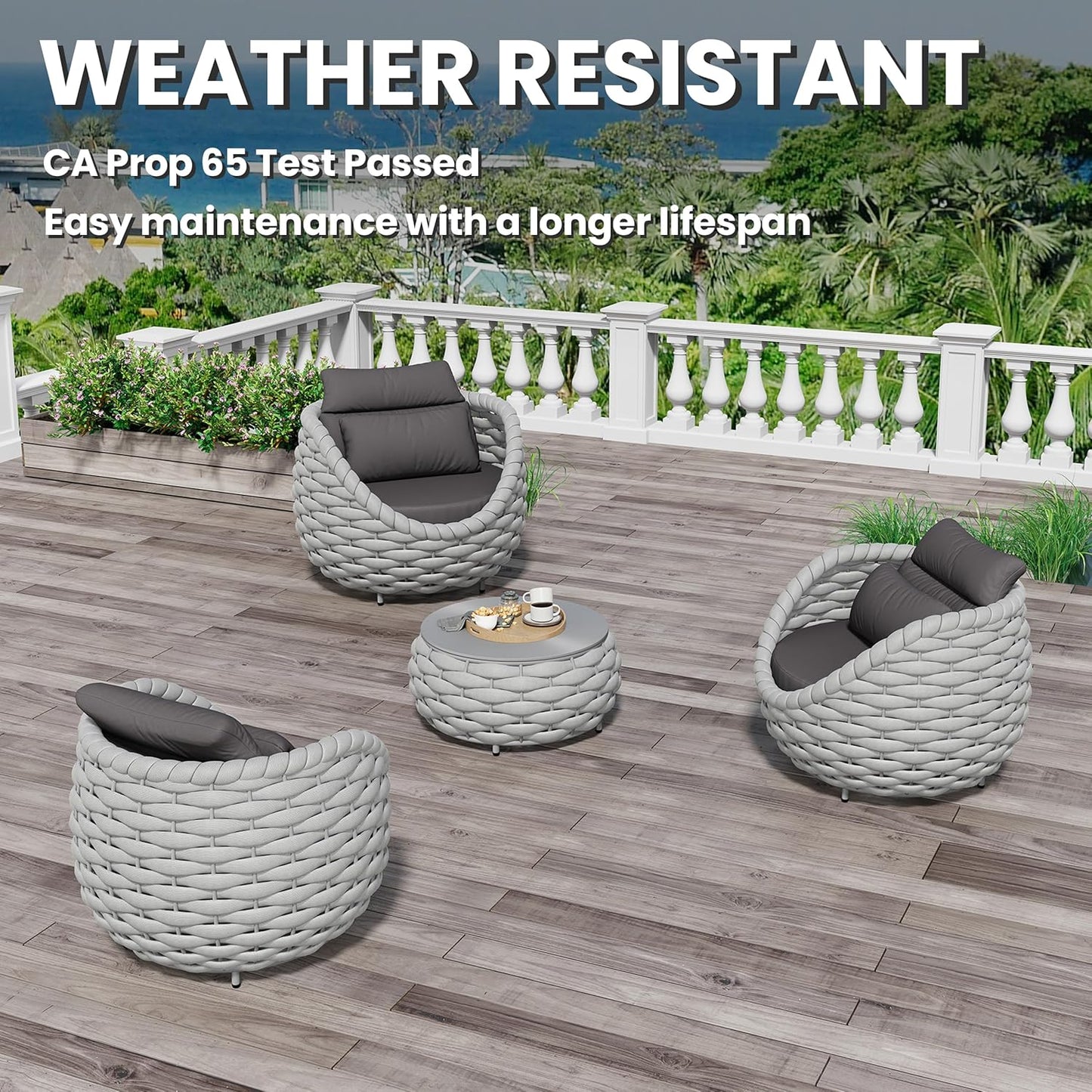 4 Pieces Courtyard Seating Set: Aluminum Woven Rope Patio Furniture Chair Set - All Weather Metal Outdoor Conversation Set - Assembled Armchair w/Table for Bistro Deck Porch Balcony Pool Hotel