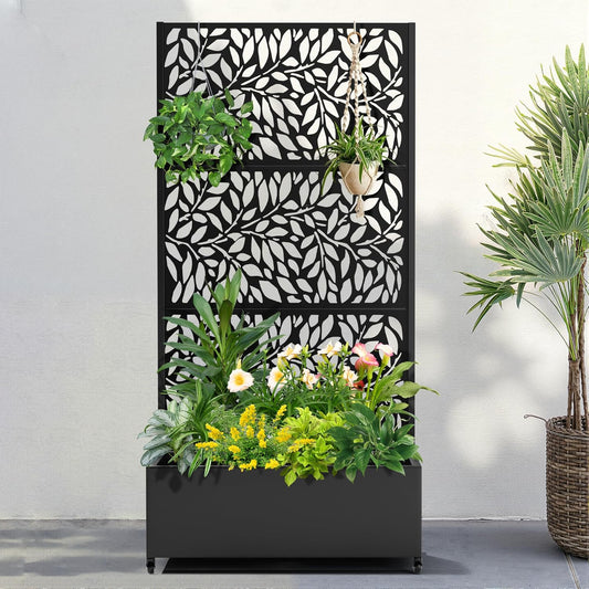 FENCY Metal Raised Garden Bed with Wheels and Trellis,73"x35"x16" Planter Box for Climbing Plants, Vegetables & Vines, Features Privacy Screen and Drainage Holes (Black-Leaf-2)