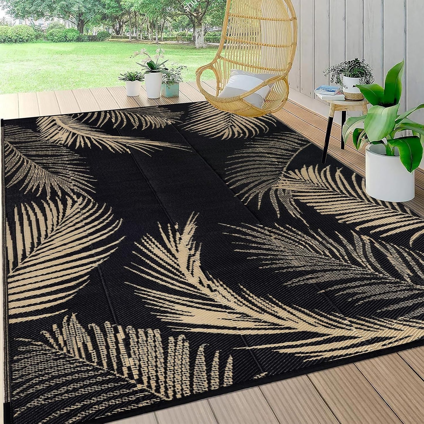 Pauwer Waterproof Outdoor Rug 8x10, Reversible Plastic Straw Patio Camping Rug, Indoor Outdoor RV Mat Carpet for Deck, Camper, Porch, Balcony, Backyard, Picnic, Leaf Black Brown