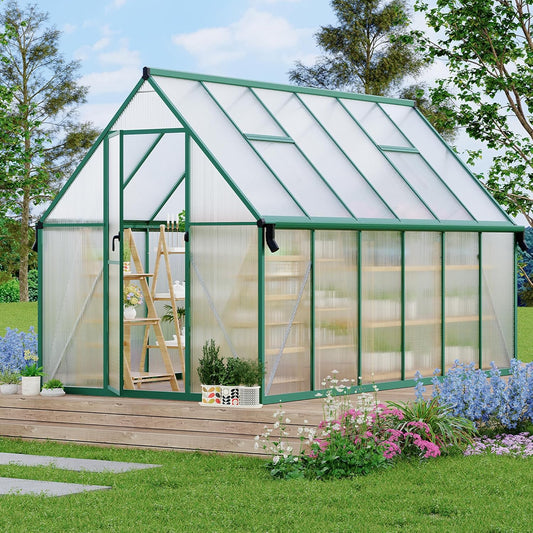 8'X12' Aluminum-Framed Polycarbonate Greenhouse, Heavy Duty Polycarbonate Greenhouse with Quick Setup Structure and Roof Vent, Large Enhanced Aluminum Greenhouses Kit for Outdoors