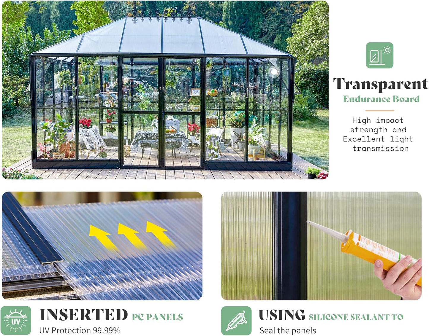 AMERLIFE 14x9.5x9 FT Hybrid Polycarbonate Greenhouse Quick Connector Fast Assembly, Swing 2 Doors Clear Panels, Walk-in Large Aluminum Greenhouse for Outdoors, Black