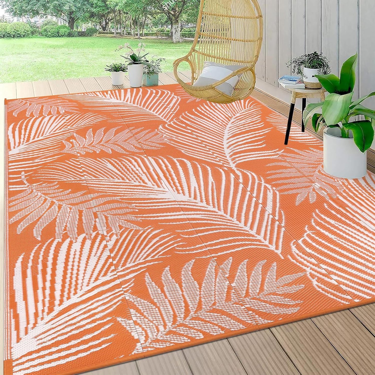 Pauwer Waterproof Outdoor Rug 6x9, Reversible Plastic Straw Patio Camping Rug, Indoor Outdoor RV Mat Carpet for Deck, Camper, Porch, Balcony, Backyard, Picnic, Leaf Orange
