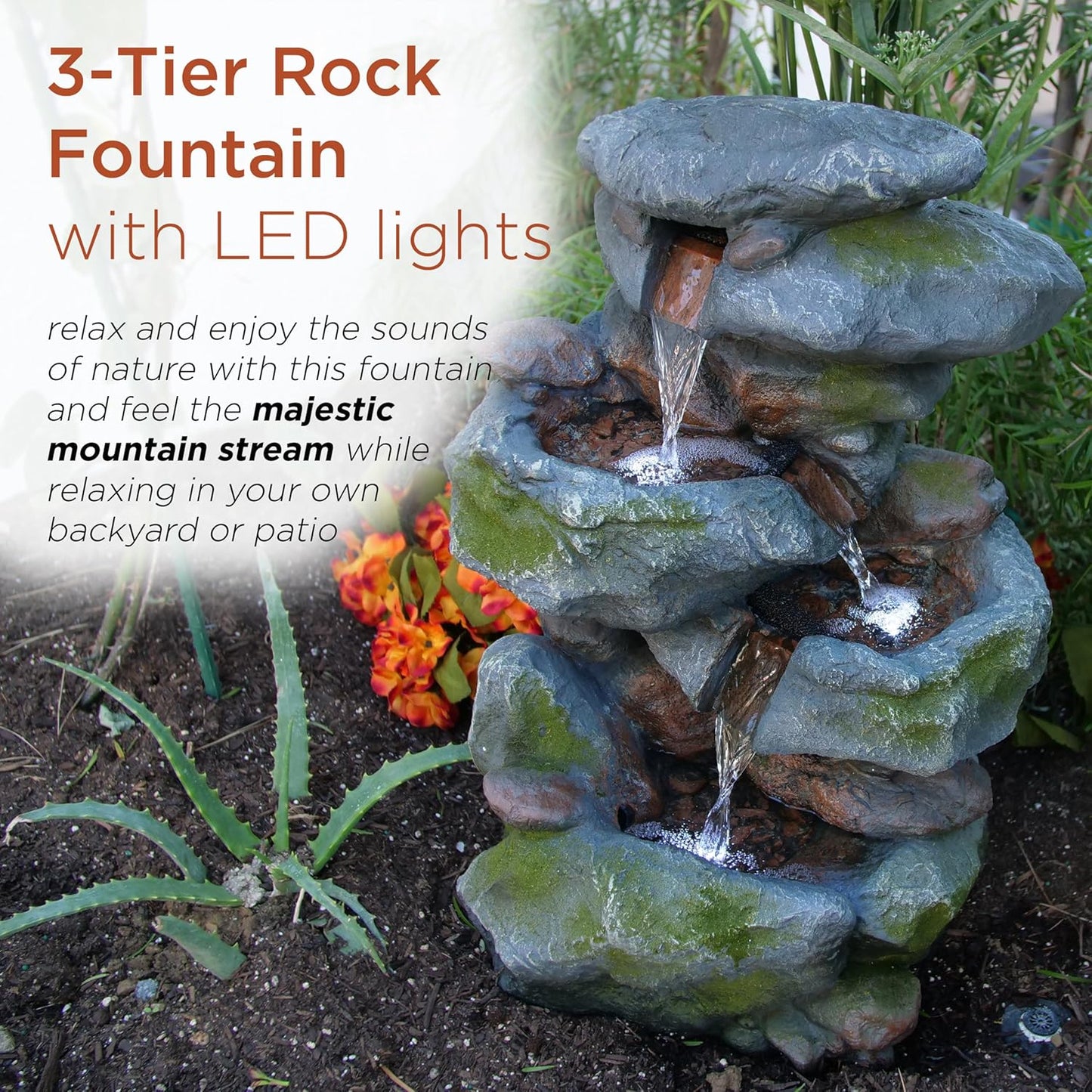 Alpine Corporation WIN582 22" Outdoor 3-Tier Rock Waterfall Fountain with LED Lights for Garden, Patio, Yard, and Porch Decor, Natural Stone Look, Gray