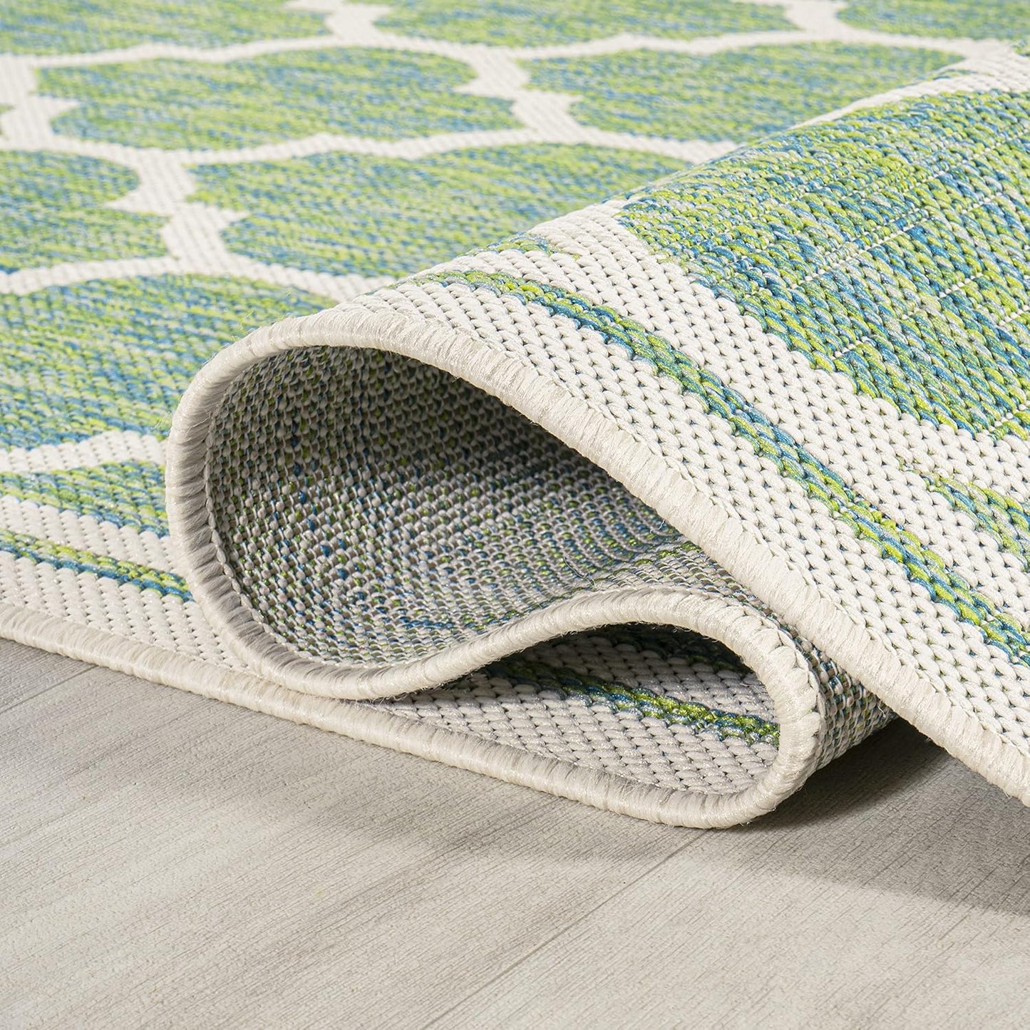 Eyely BMS109I-5SQ Santa Monica Trebol Moroccan Trellis Textured Weave Indoor/Outdoor Area Rug Coastal;Bohemian, Bedroom, Backyard, Patio, Easy-Cleaning, Non-Shedding, 5' Square, Cream/Green