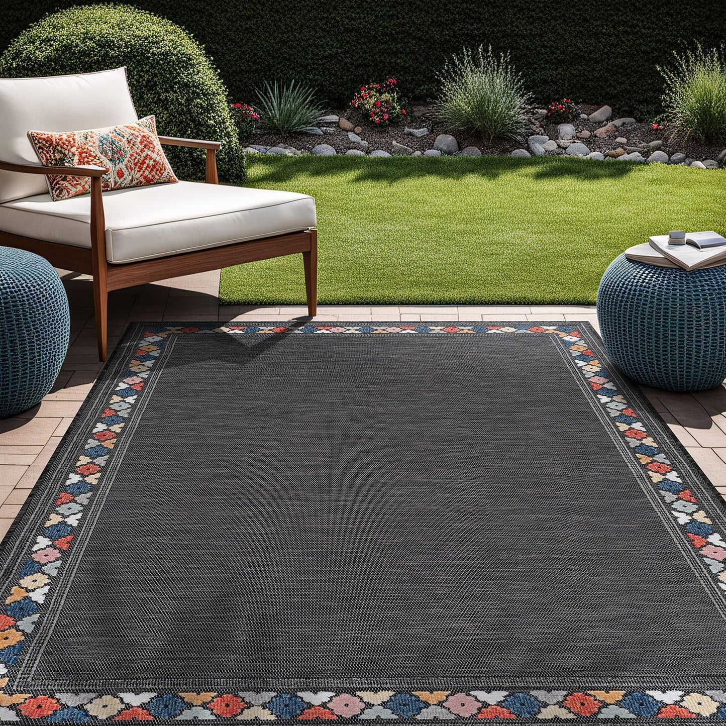 Beverly Rug Outdoor Rug 8x10 Modern Bordered Area Rugs for Indoor and Outdoor Patio Easy to Clean Non Shedding Living Room Porch Garden Washable Outside Carpet (8 x 10 Dark Gray)