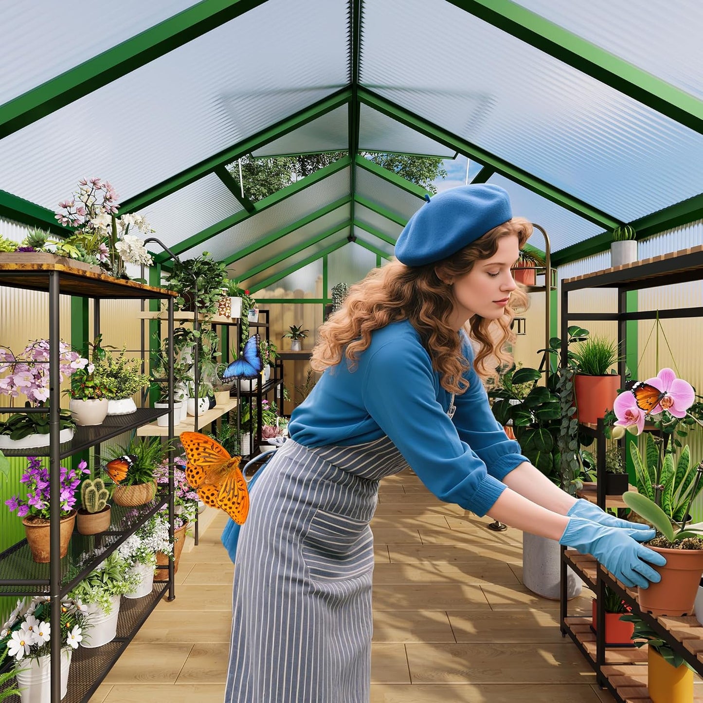 6x10 FT Greenhouse, Easy Assembly Aluminum Polycarbonate Greenhouses for Outdoors with Roof Vent and Ground Nails, Heavy Duty Aluminum Walk-in Greenhouse for Backyard, Sliding Lockable Door, Green