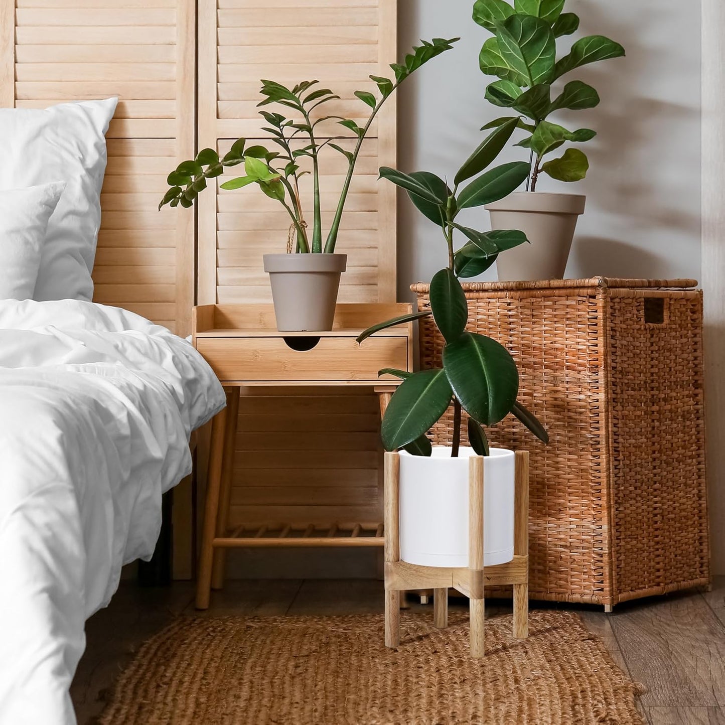 D'vine Dev Planter Pot with Stand - 8 Inch Plastic Cylinder Flower Pot with Wood Planter Holder for Indoor, Matte White Pot + Natural Stand, 55-C-J-1