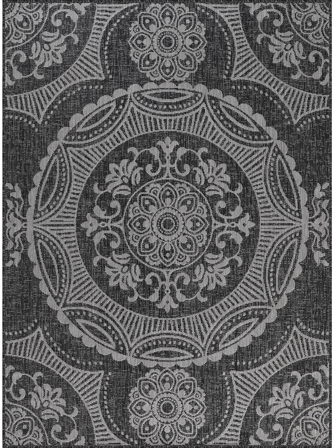 Medallion Outdoor Rug 8x10 Washable Outside Carpet for Indoor Patio Porch Waterproof Easy Cleaning Non Shedding Area Rugs Dark Gray 8 x 10