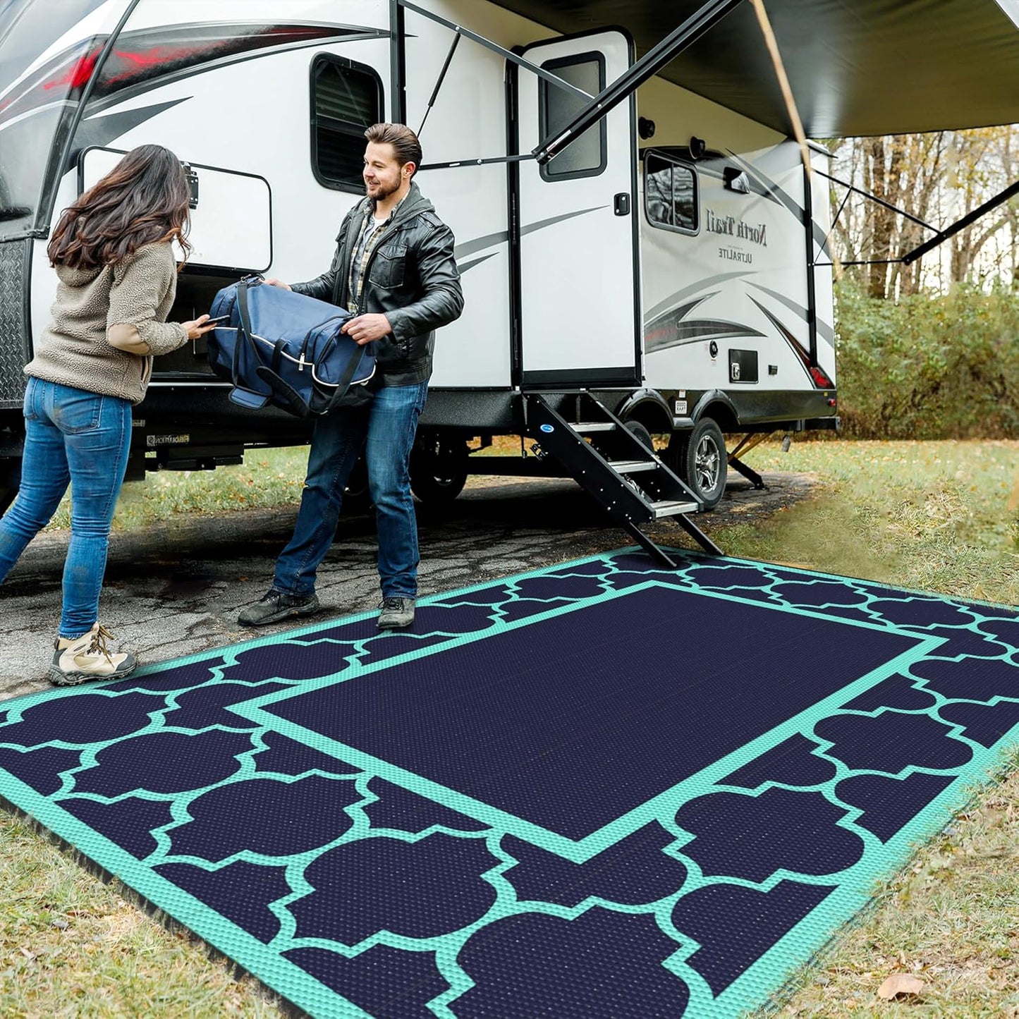 GENIMO 6' x 9' Outdoor Rug Waterproof for Patio Decor, Foldable Reversible Plastic Straw Area Rugs Mat for Camper, Outside Carpet for Rv, Deck, Porch, Picnic, Beach, Balcony, Navy Blue & Jade Green