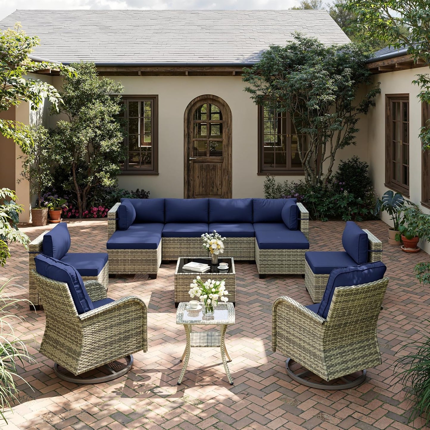 12-Piece Patio Furniture Set, Outdoor Patio Furniture with Swivel Chairs Set, Ottomans, Modular Patio Sofa, Dual-Strand Wicker Rattan, Rust-Resistant Frame, Navy Blue