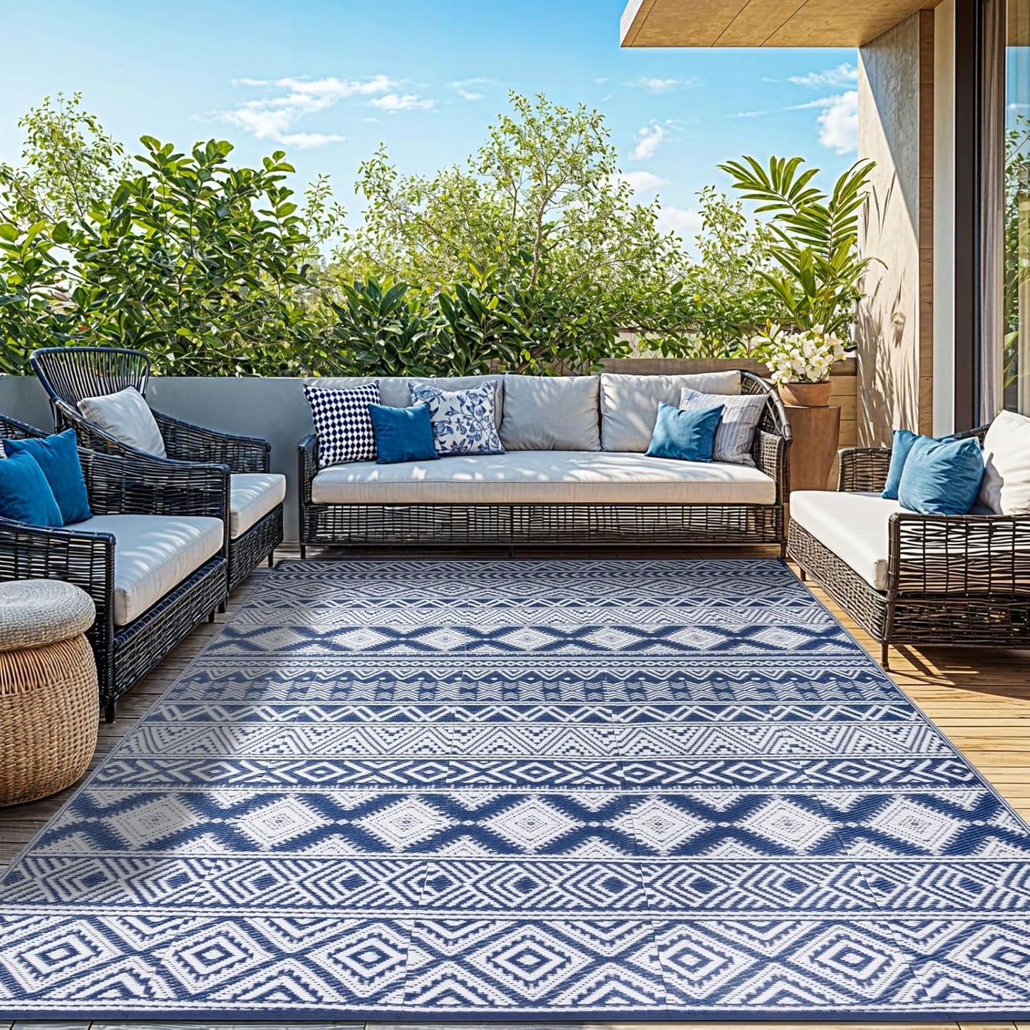 8'x10' Reversible Outdoor Rug - Eco-Friendly Plastic Straw Rug-Heavy-Duty Waterproof Mat, UV & Fade Resistant for Patio, Camping, RV, Deck, Balcony(8x10,Blue&White)