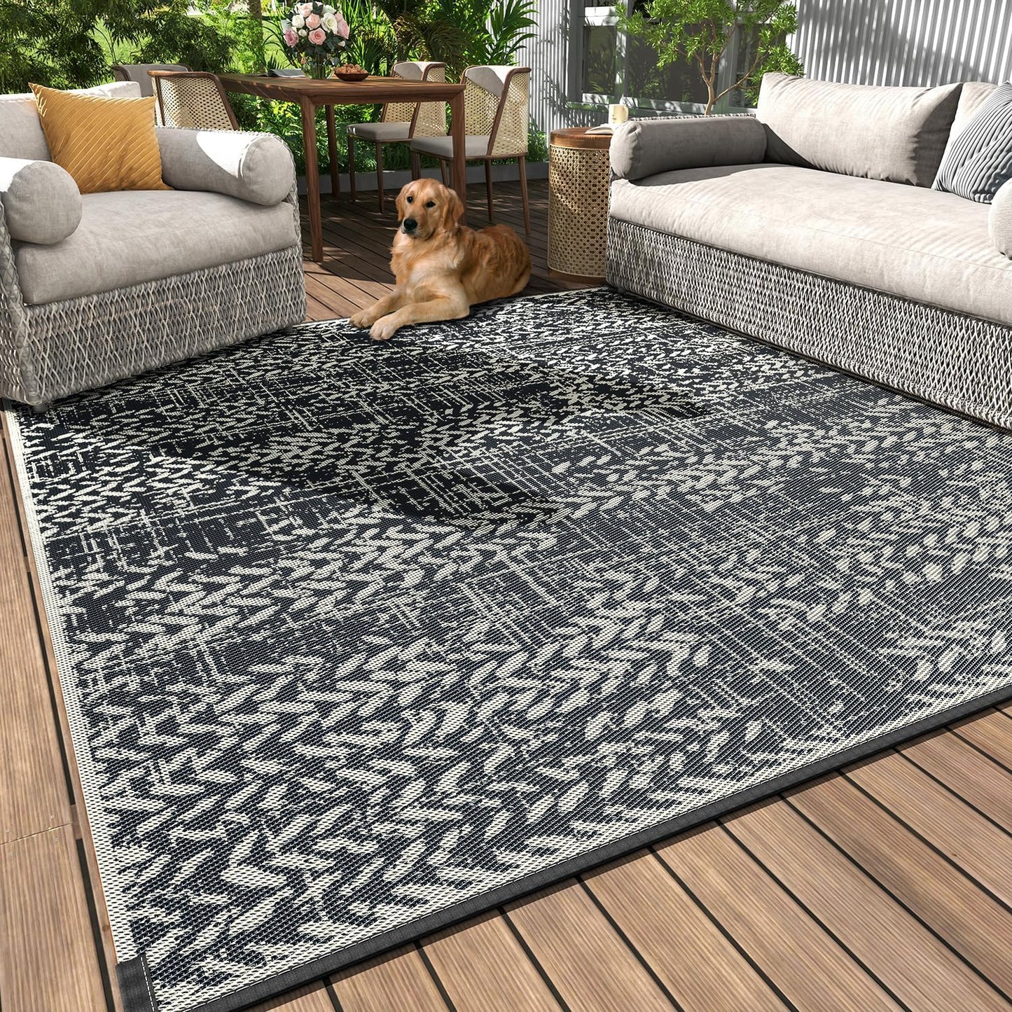 MontVoo Outdoor Rug Waterproof-Patio Rug Mat 6x9 Outdoor Carpet Reversible RV Camping Picnic Plastic Straw Rug Outside Outdoor Area Rug for Balcony Deck Backyard Patio Decor Boho Modern Abstract
