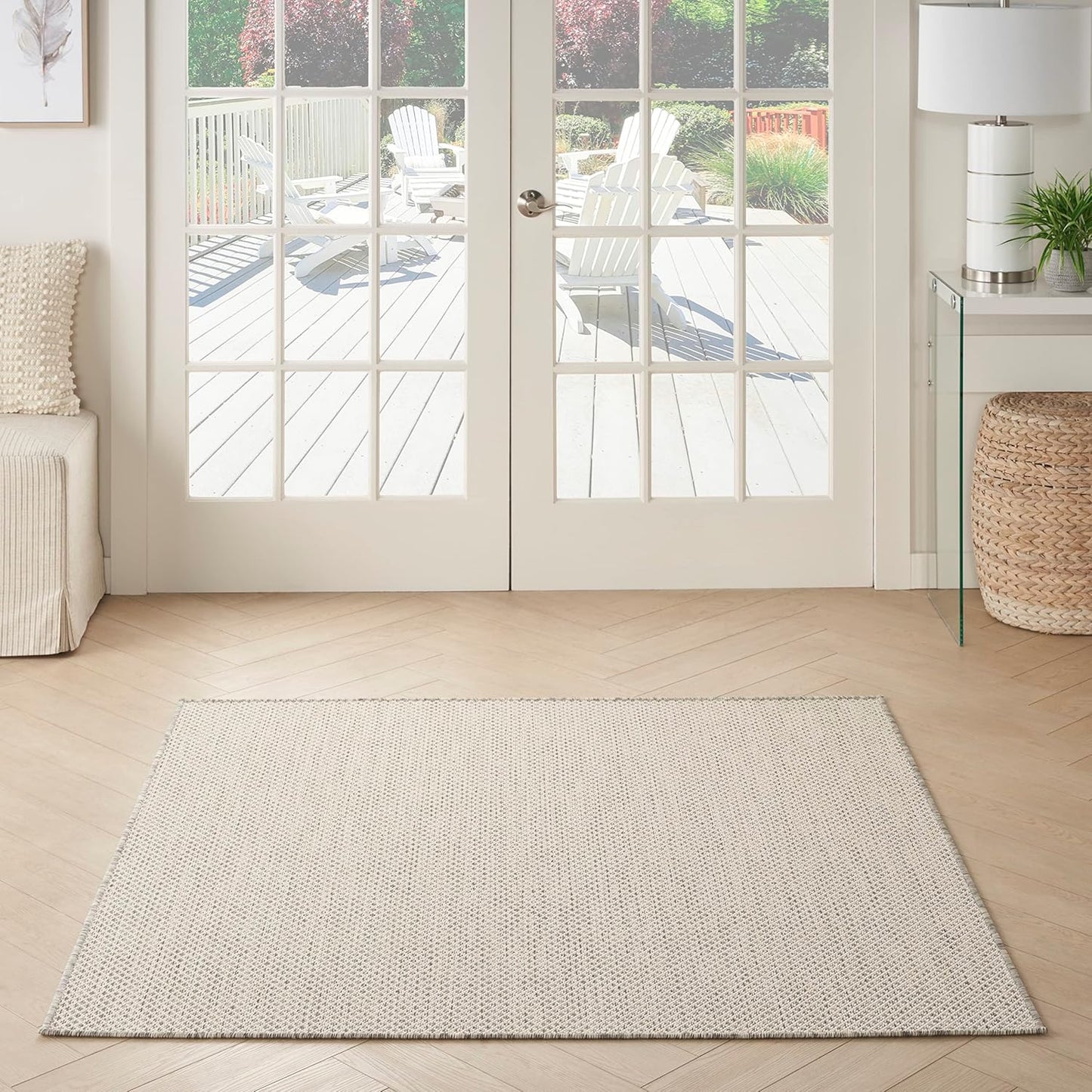 Nourison Home Courtyard Indoor/Outdoor Ivory/Silver 5' x Square Area Rug, Easy Cleaning, Non Shedding, Bed Room, Living Room, Dining Room, Backyard, Deck, Patio (5 Square)