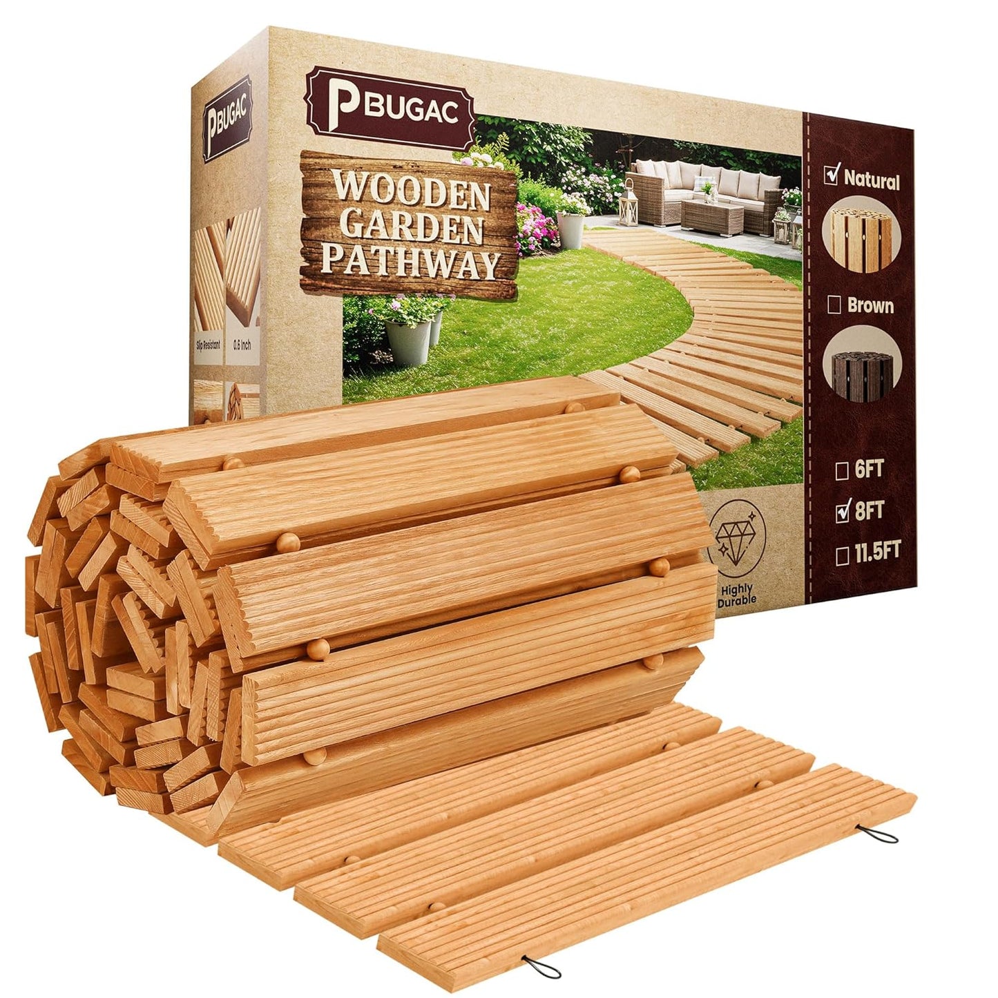 8FT Wooden Garden Pathway, Roll Out Walkway for Patio, Backyard and Outdoor Decor, Weatherproof, Non Slip and Easy to Install, Perfect for Beach, Wedding or Lawn (Natural)