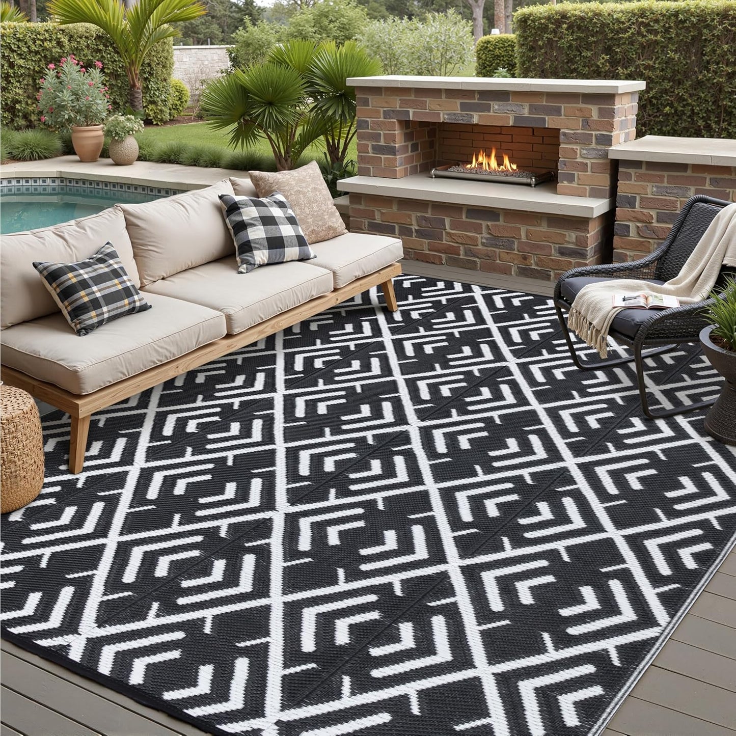 RV Outdoor Rug Waterproof Mat Outdoor Rugs 9'x12' for Patios Clearance Carpet Outdoor Camping Rugs Large Plastic Straw Rug(8x10ft Geometric Black&White)